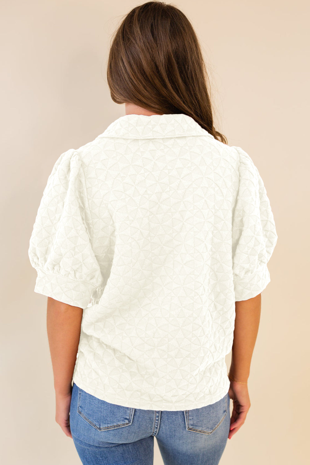White Textured Puff Half Sleeve Collared V Neck Top-Tops/Tops & Tees-[Adult]-[Female]-2022 Online Blue Zone Planet