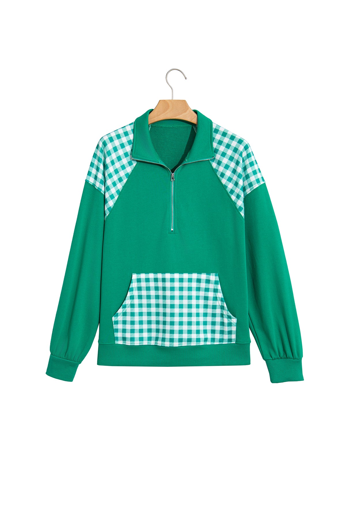 Navy Blue Patchwork Plaid Pocket Quarter Zip Sweatshirt-Tops/Sweatshirts & Hoodies-[Adult]-[Female]-2022 Online Blue Zone Planet