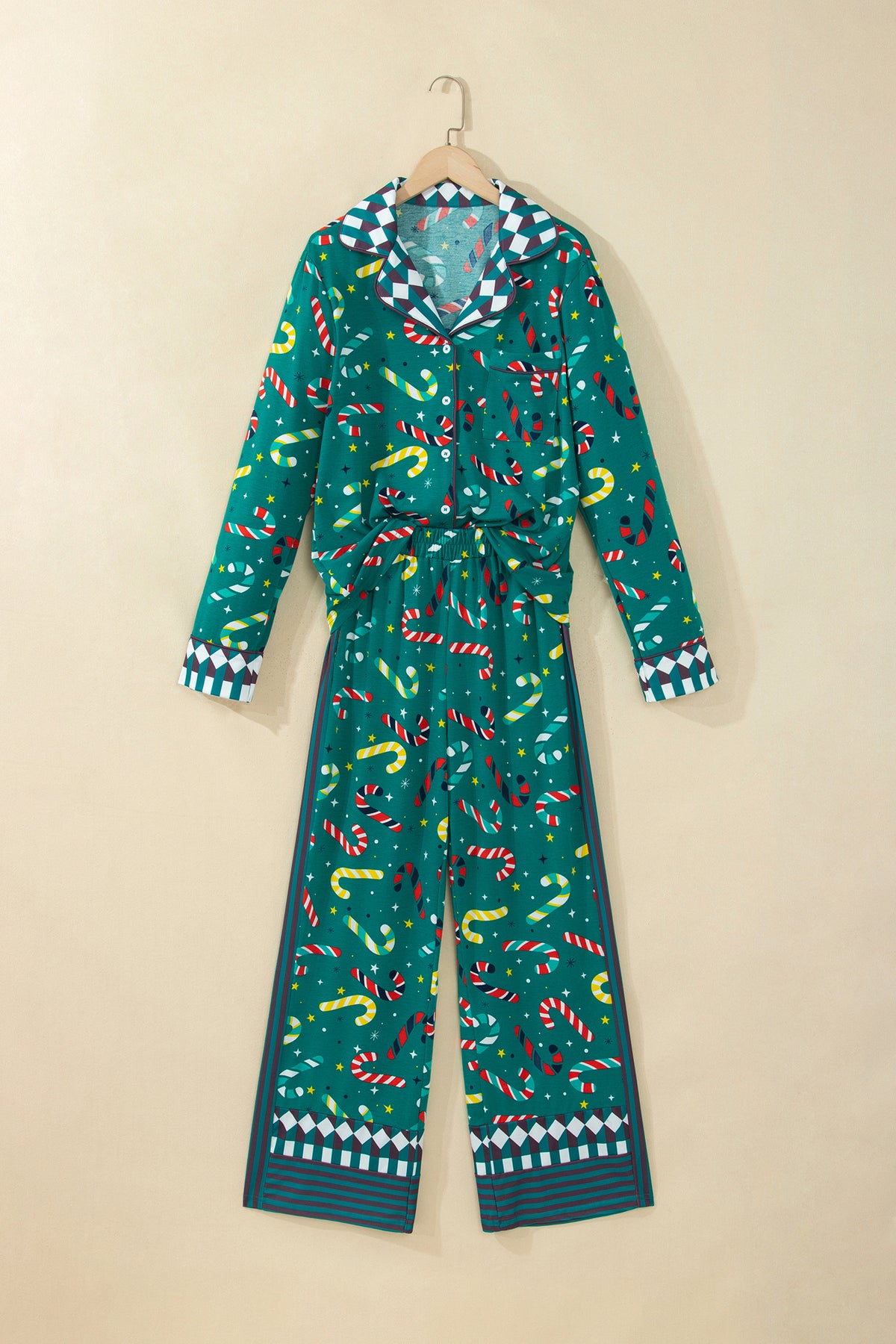 Green Abstract Candy Cane Print Long Sleeve Two Piece Lounge Set