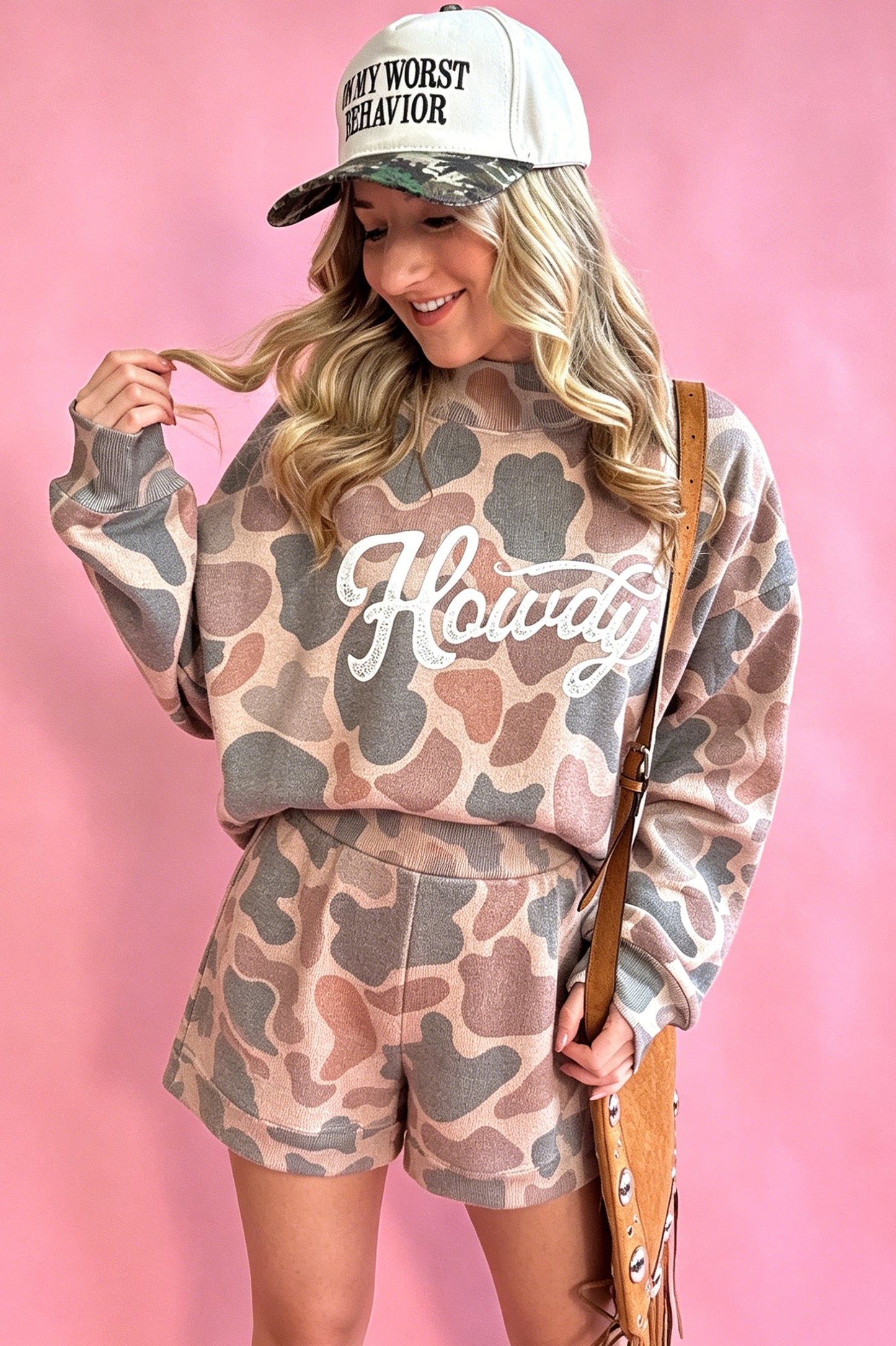 Multicolour Howdy Camouflage High Neck Long Sleeve Top and Shorts Set-Two Piece Sets/Short Sets-[Adult]-[Female]-2022 Online Blue Zone Planet