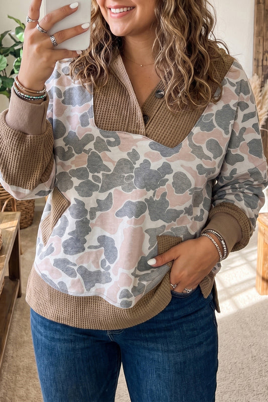Khaki Camouflage Print Waffle Knit Patchwork Half Zip Plus Size Hoodie-Plus Size/Plus Size Sweatshirts & Hoodies-[Adult]-[Female]-Khaki-1X-2022 Online Blue Zone Planet