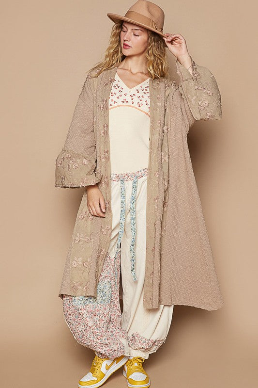 POL Flower Lace Trim Open Front Longline Cardigan-TOPS / DRESSES-[Adult]-[Female]-Khaki-S/M-2022 Online Blue Zone Planet