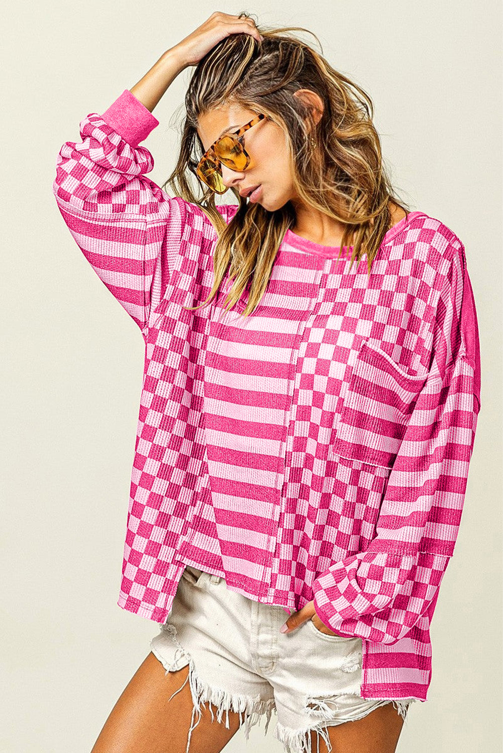 Rose Red Checkerboard Striped Patchwork Lantern Sleeve Pocketed Blouse-Tops/Long Sleeve Tops-[Adult]-[Female]-2022 Online Blue Zone Planet