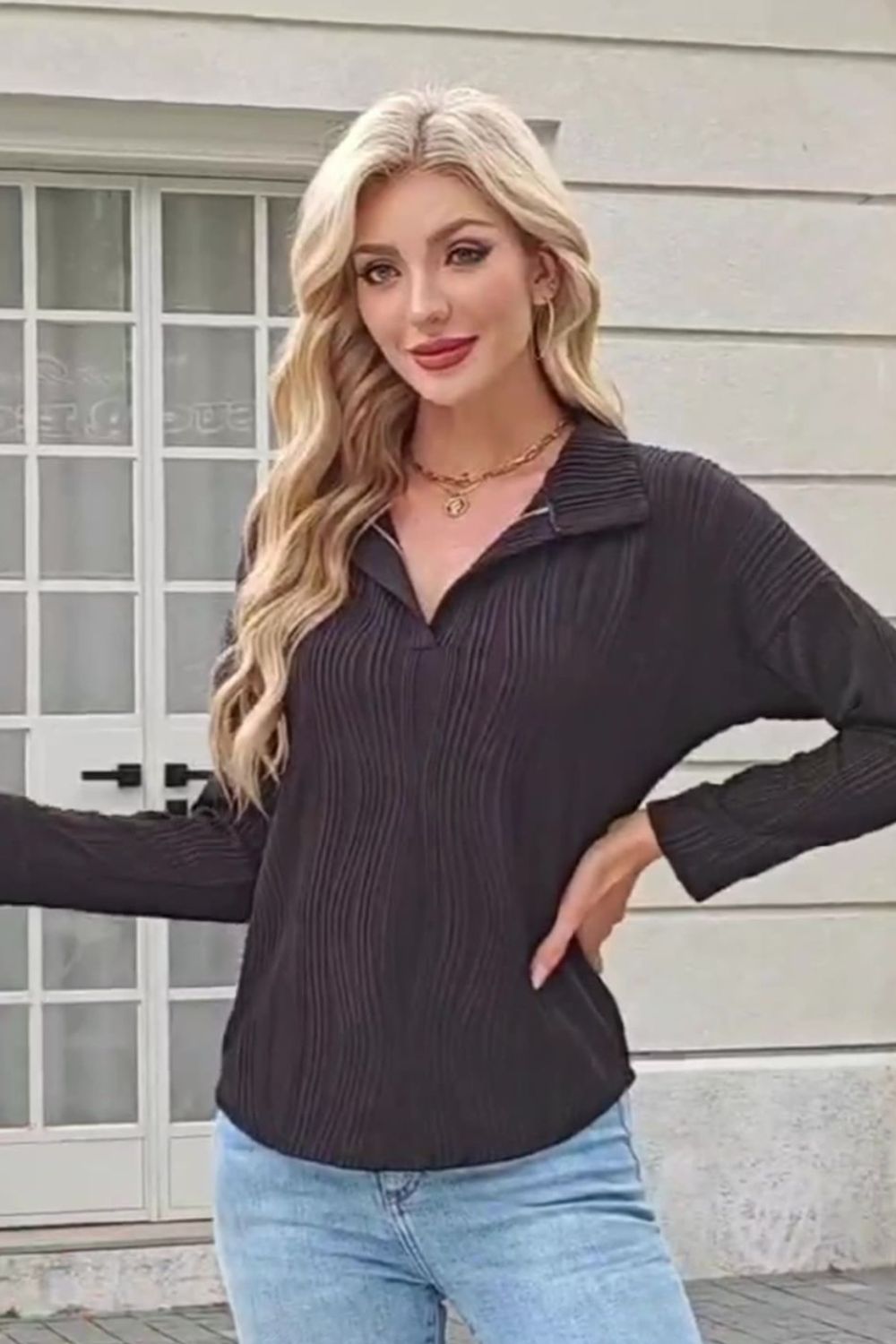 Texture Collared Neck Long Sleeve Blouse-TOPS / DRESSES-[Adult]-[Female]-2022 Online Blue Zone Planet