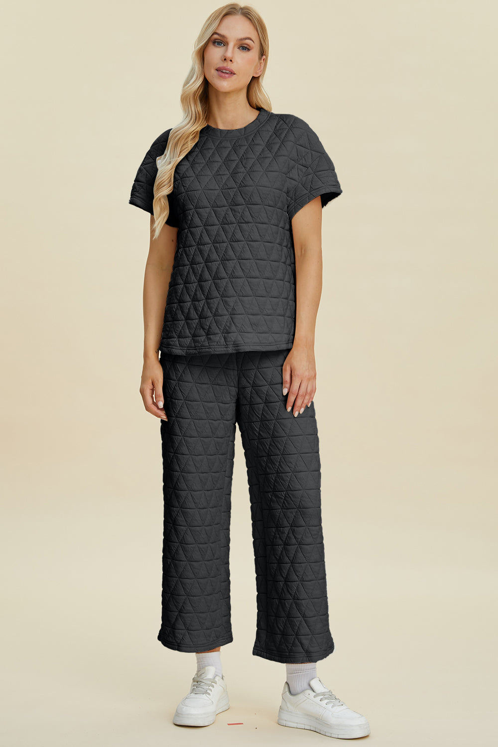 Double Take Full Size Texture Round Neck Short Sleeve Top and Pants Set-TOPS / DRESSES-[Adult]-[Female]-Black-S-2022 Online Blue Zone Planet