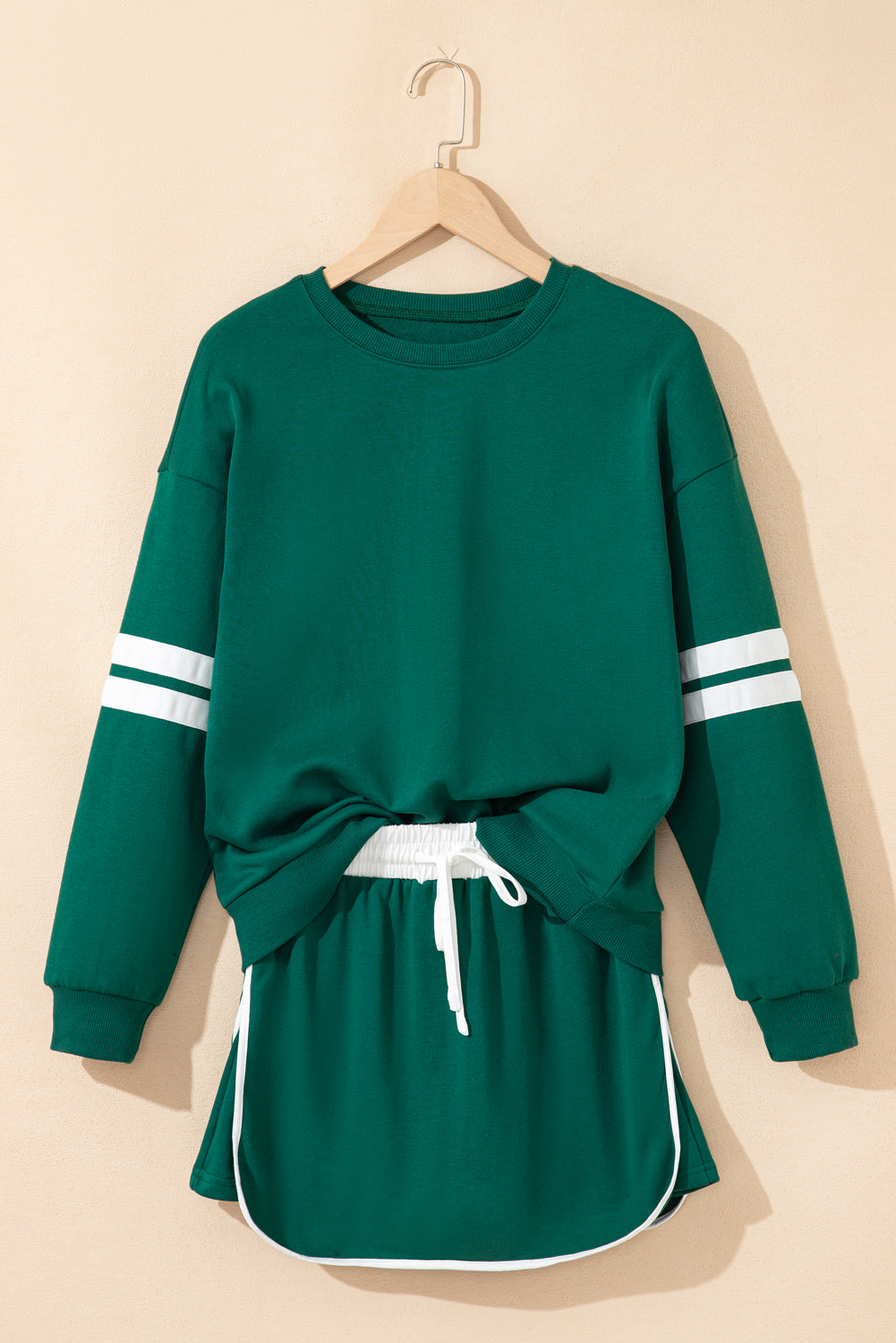 Evergreen Varsity Stripe Detail Drop Shoulder Pullover Mini Skirt Set-Two Piece Sets/Two Piece Dresses-[Adult]-[Female]-Evergreen-S-2022 Online Blue Zone Planet