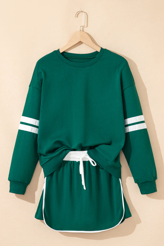 Evergreen Varsity Stripe Detail Drop Shoulder Pullover Mini Skirt Set-Two Piece Sets/Two Piece Dresses-[Adult]-[Female]-Evergreen-S-2022 Online Blue Zone Planet