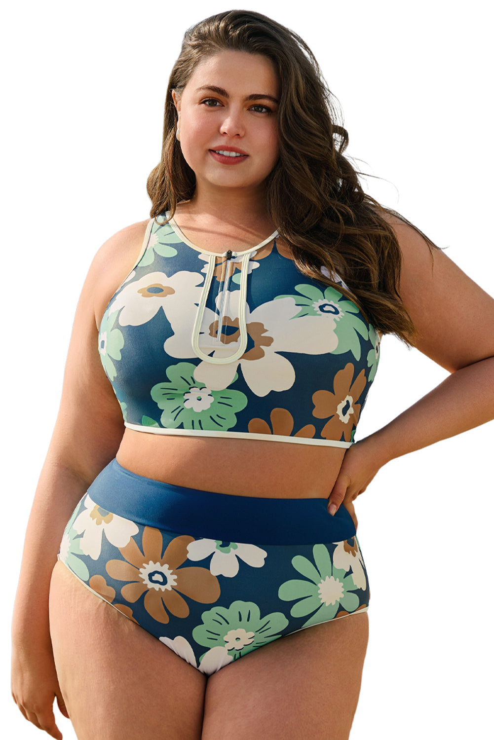 Green Floral Printed Zipped Plus Size Two Pieces Bikini-Plus Size/Plus Size Swimwear-[Adult]-[Female]-2022 Online Blue Zone Planet