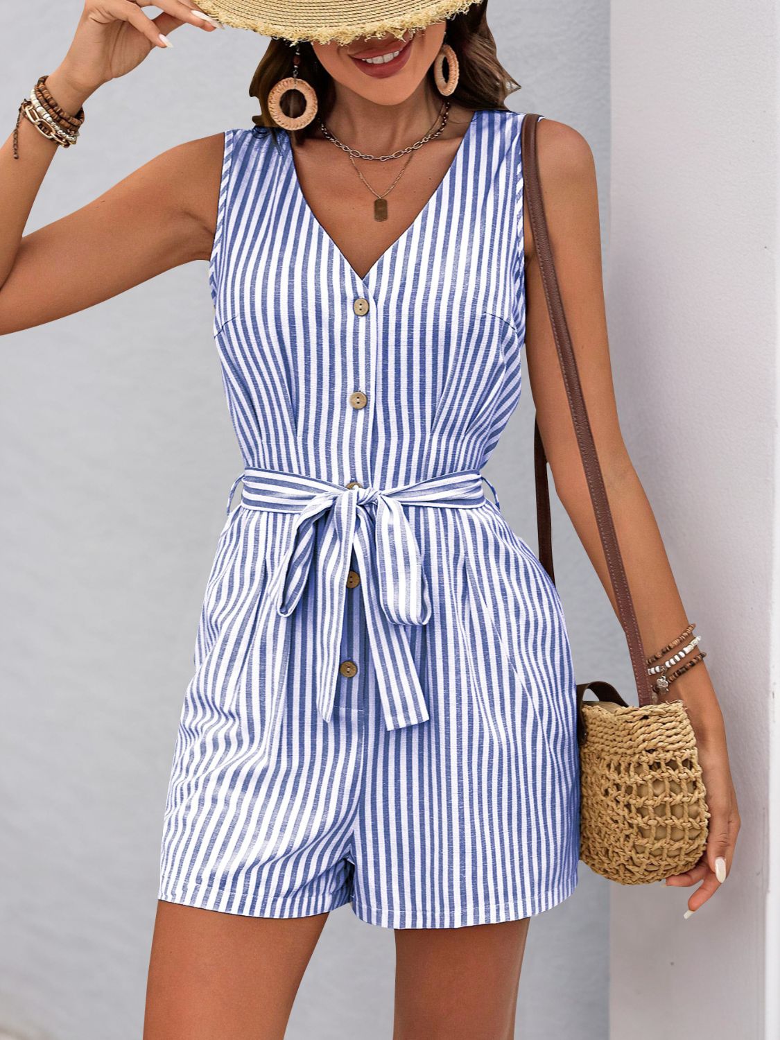 Blue Zone Planet | Perfee Striped V-Neck Tie Waist Romper-TOPS / DRESSES-[Adult]-[Female]-2022 Online Blue Zone Planet