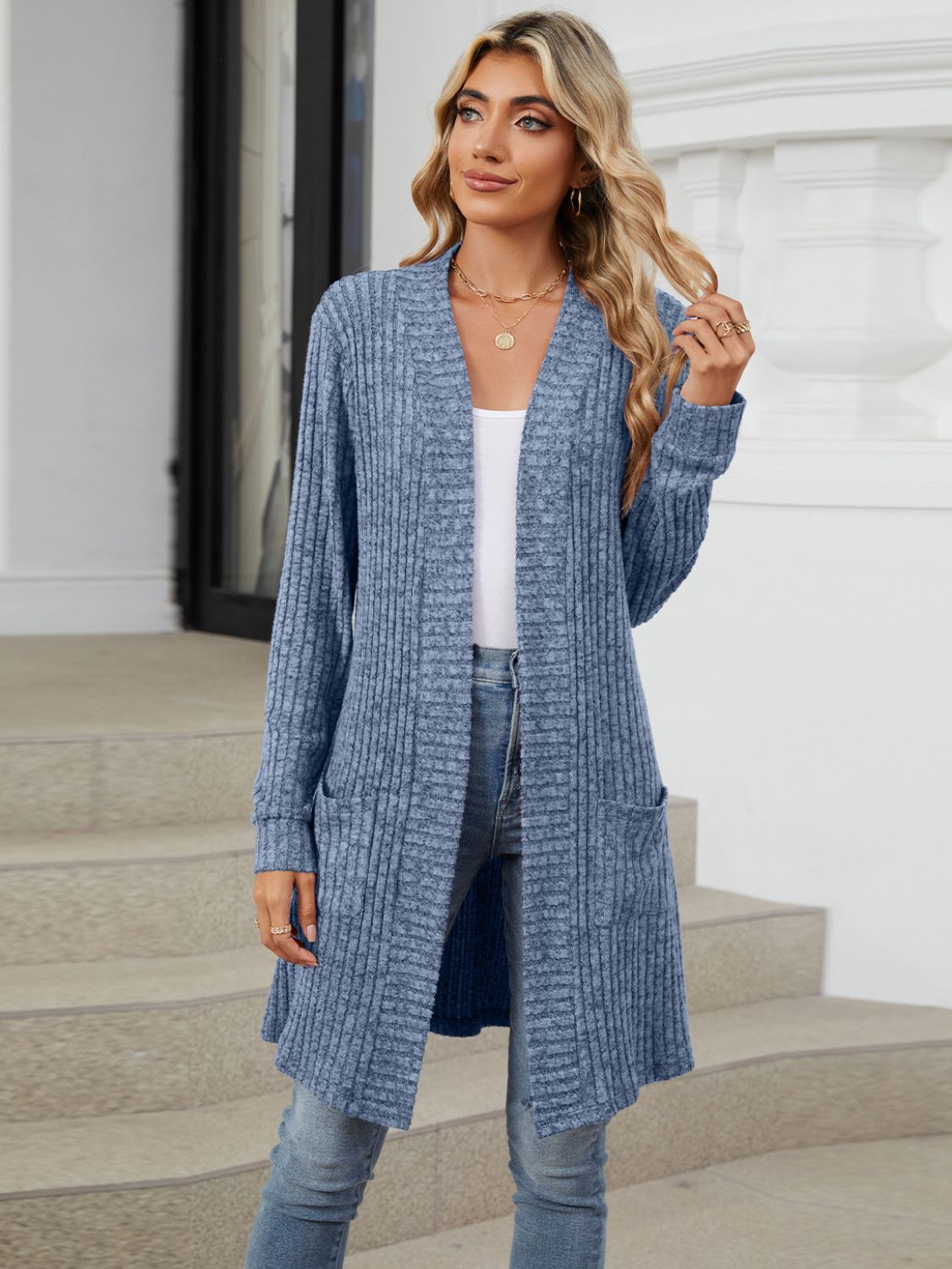 Open Front Long Sleeve Cardigan-TOPS / DRESSES-[Adult]-[Female]-Dusty Blue-S-2022 Online Blue Zone Planet