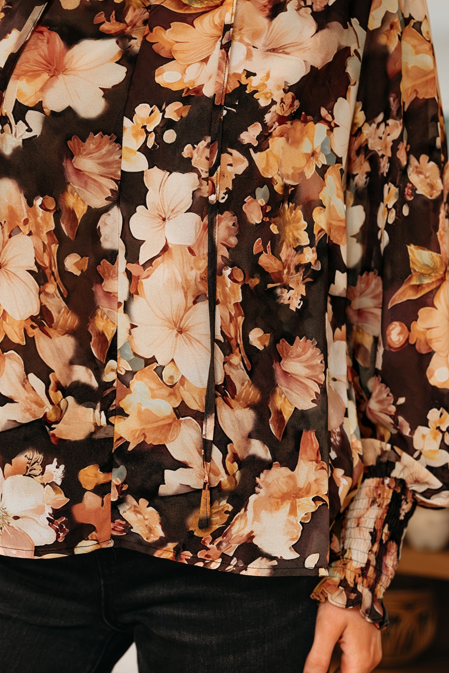 Black Floral V Neck Long Puff Sleeve Breezy Blouse-Tops/Blouses & Shirts-[Adult]-[Female]-2022 Online Blue Zone Planet