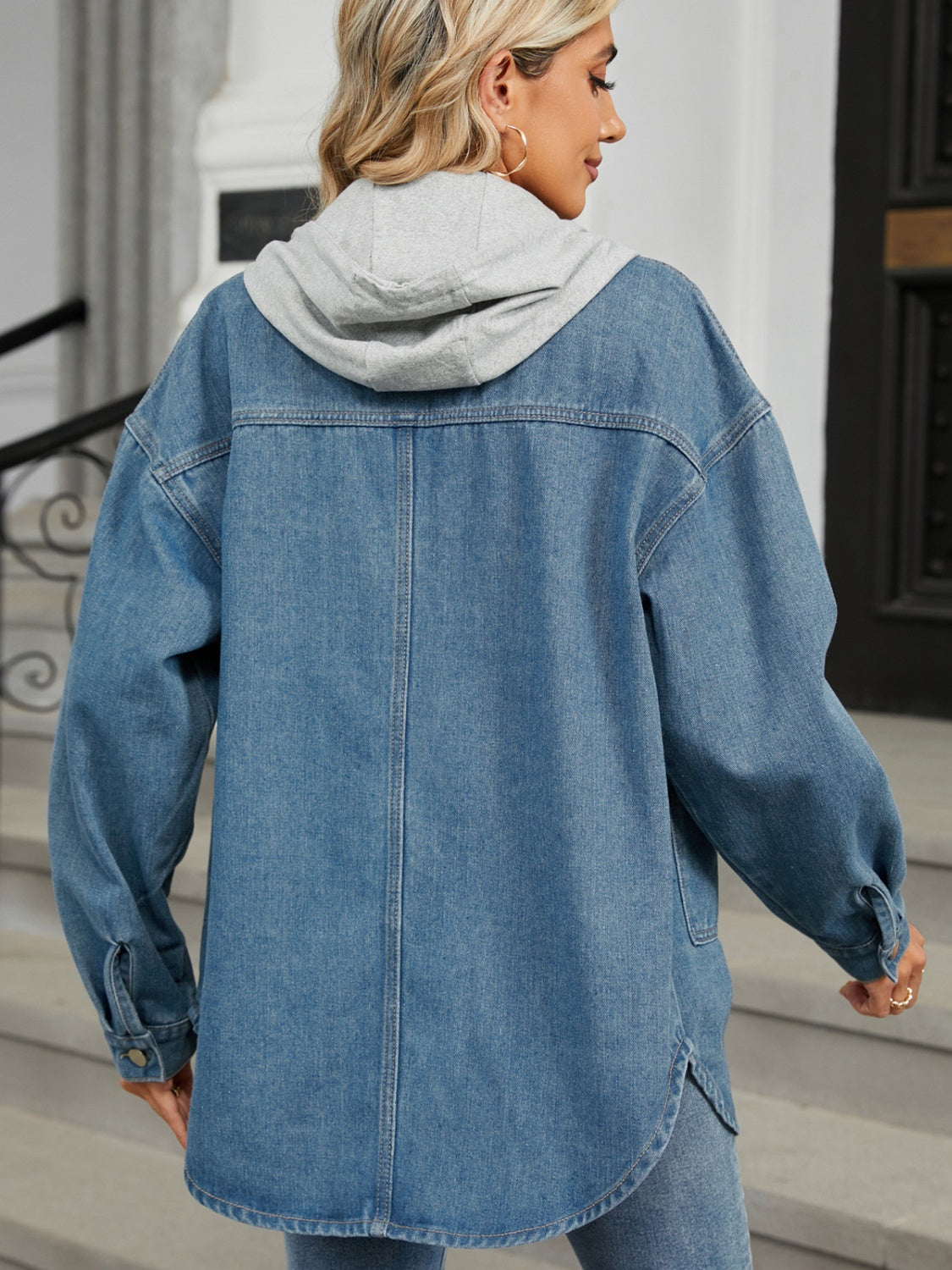 Blue Zone Planet | Removable Hood Button Up Long Sleeve Denim Jacket-TOPS / DRESSES-[Adult]-[Female]-2022 Online Blue Zone Planet