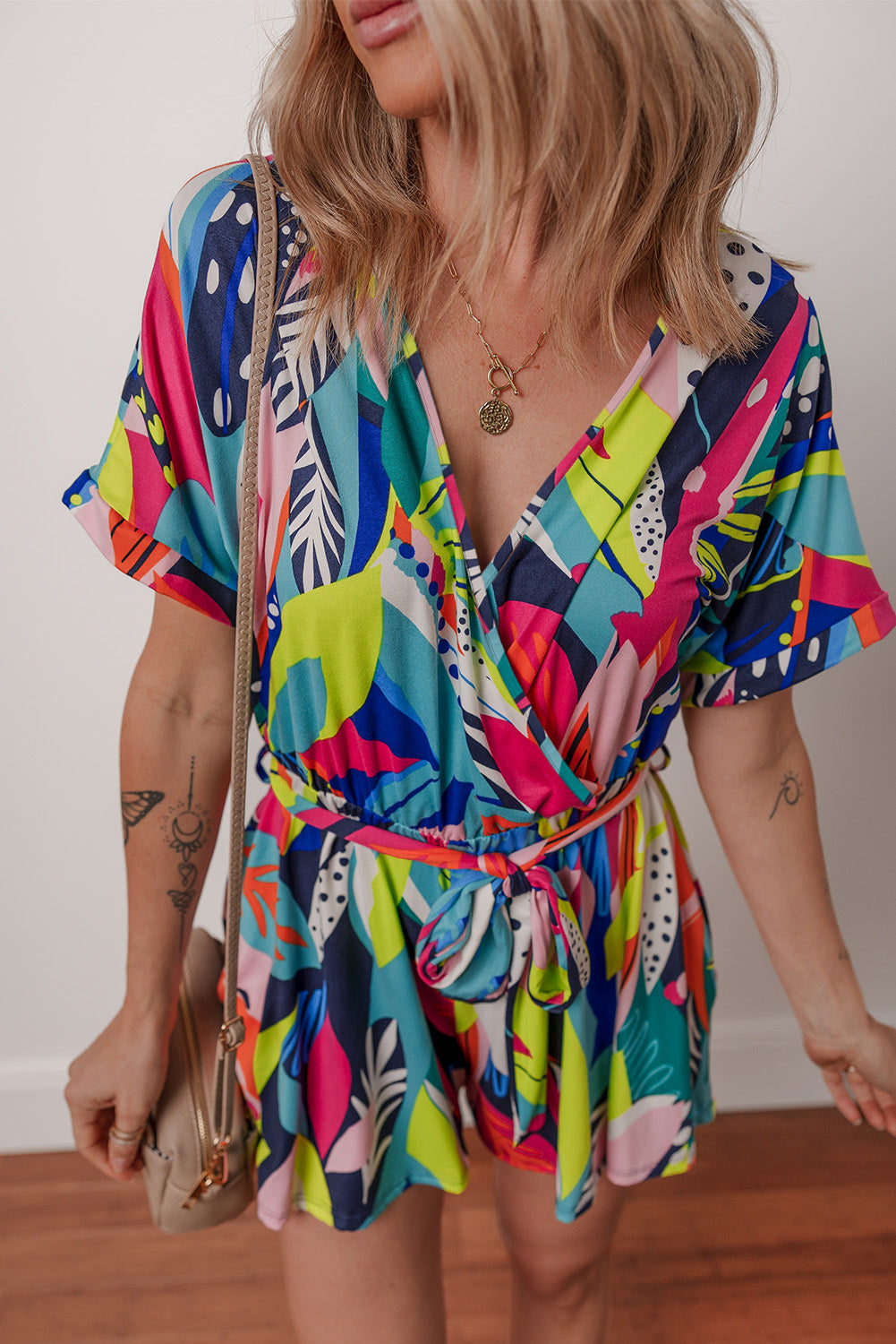 Multicolour Tropical Printed Surplice Neck Tie Waist Romper-Bottoms/Jumpsuits & Rompers-[Adult]-[Female]-2022 Online Blue Zone Planet