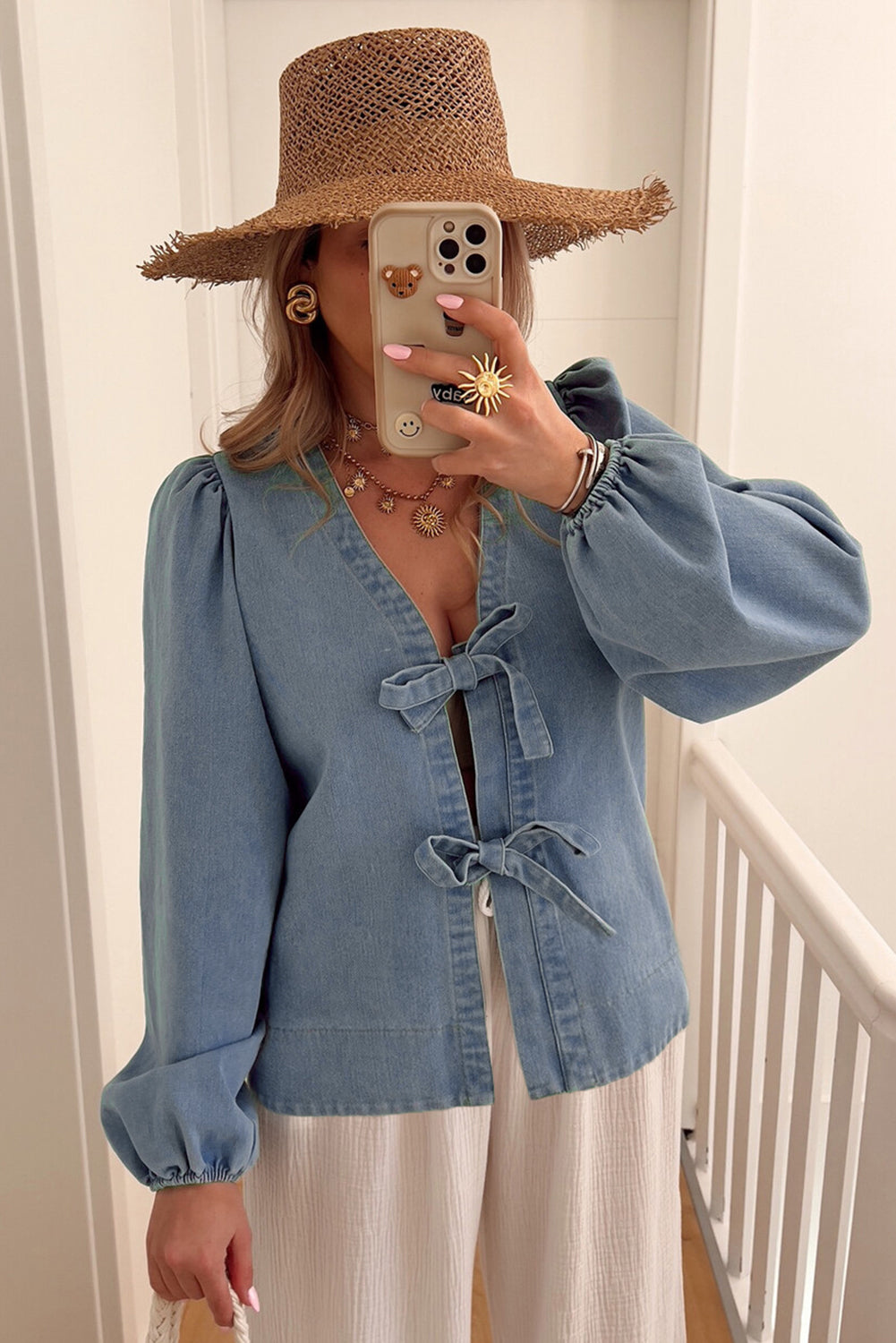 Dusk Blue Tied Front Long Puff Sleeve Denim Top-Tops/Blouses & Shirts-[Adult]-[Female]-2022 Online Blue Zone Planet