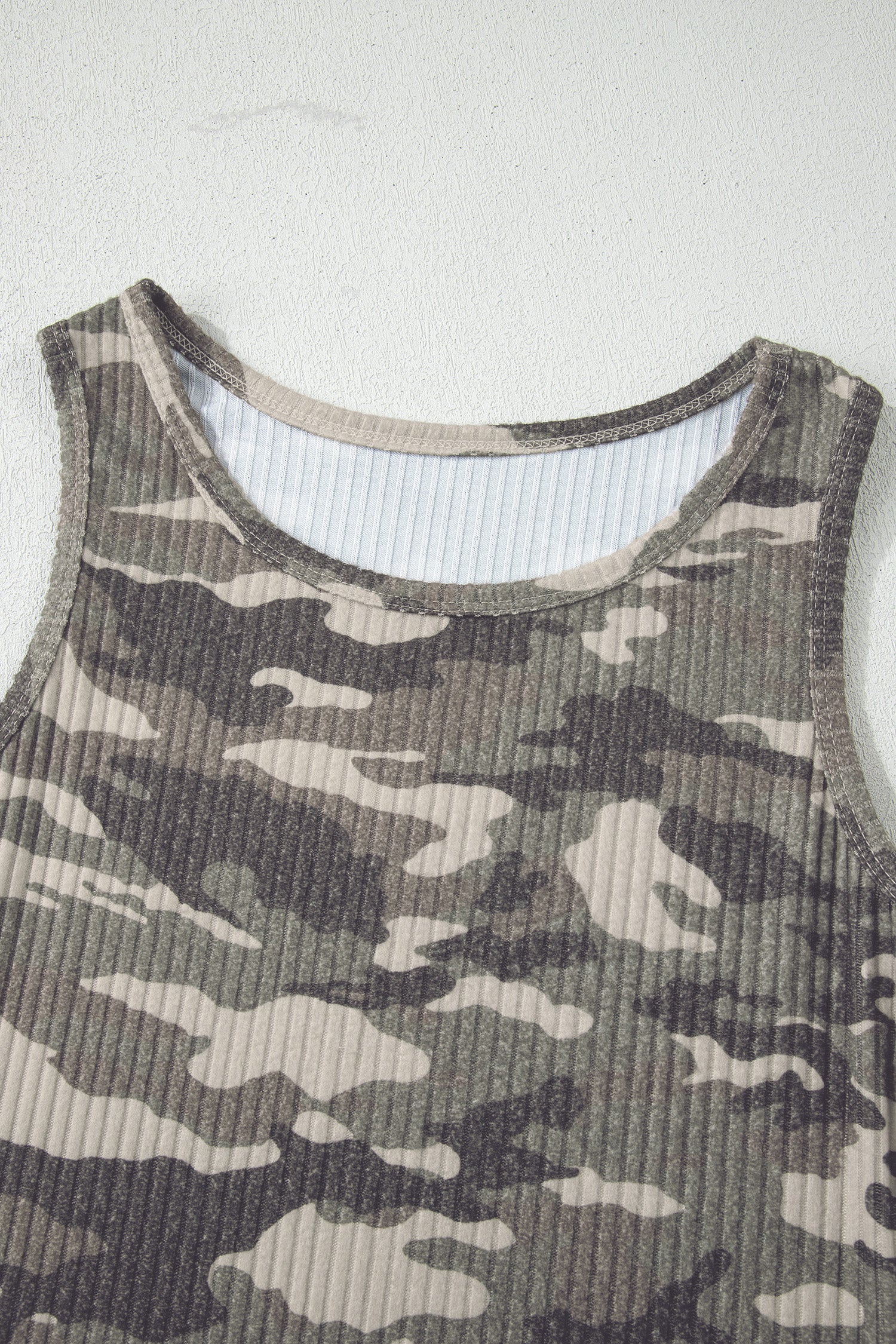 Green Camouflage Print Ribbed Knit Round Neck Tank Top-Tops/Tank Tops-[Adult]-[Female]-2022 Online Blue Zone Planet