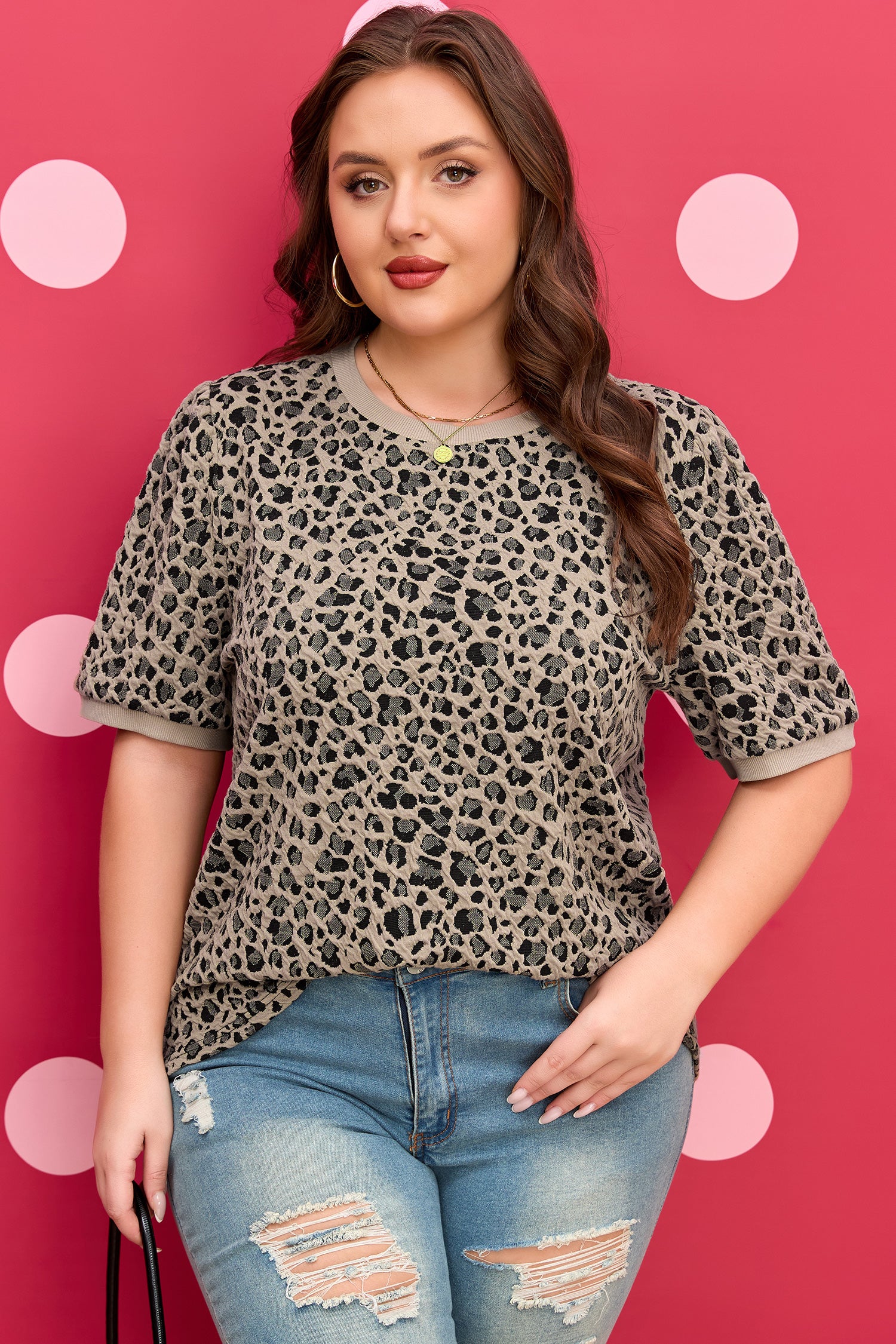 Khaki Leopard Print Textured Plus Size T Shirt-Plus Size/Plus Size Tops/Plus Size Tops & Tees-[Adult]-[Female]-2022 Online Blue Zone Planet