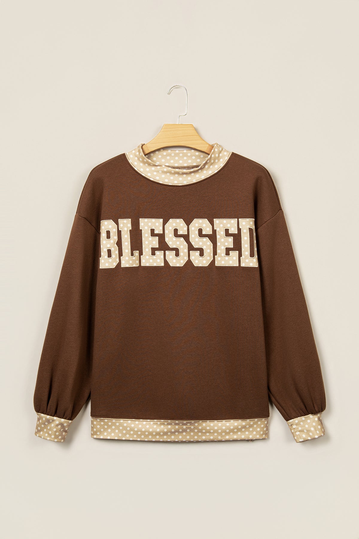 Coffee Polka Dot Trim High Neck BLESSED Letter Graphic Baggy Sweatshirt-Tops/Sweatshirts & Hoodies-[Adult]-[Female]-2022 Online Blue Zone Planet