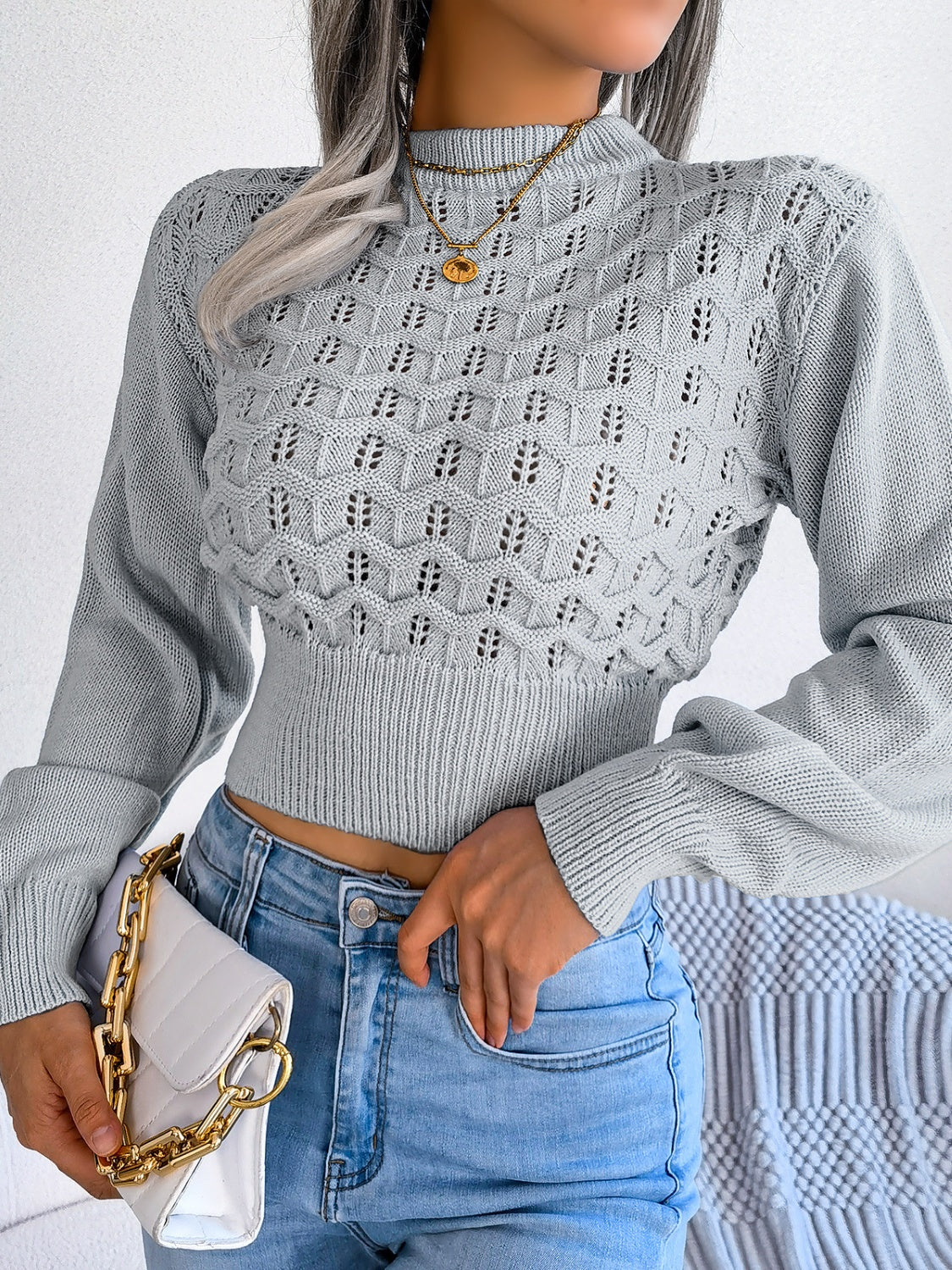 Blue Zone Planet | Openwork Mock Neck Long Sleeve Cropped Sweater-TOPS / DRESSES-[Adult]-[Female]-2022 Online Blue Zone Planet