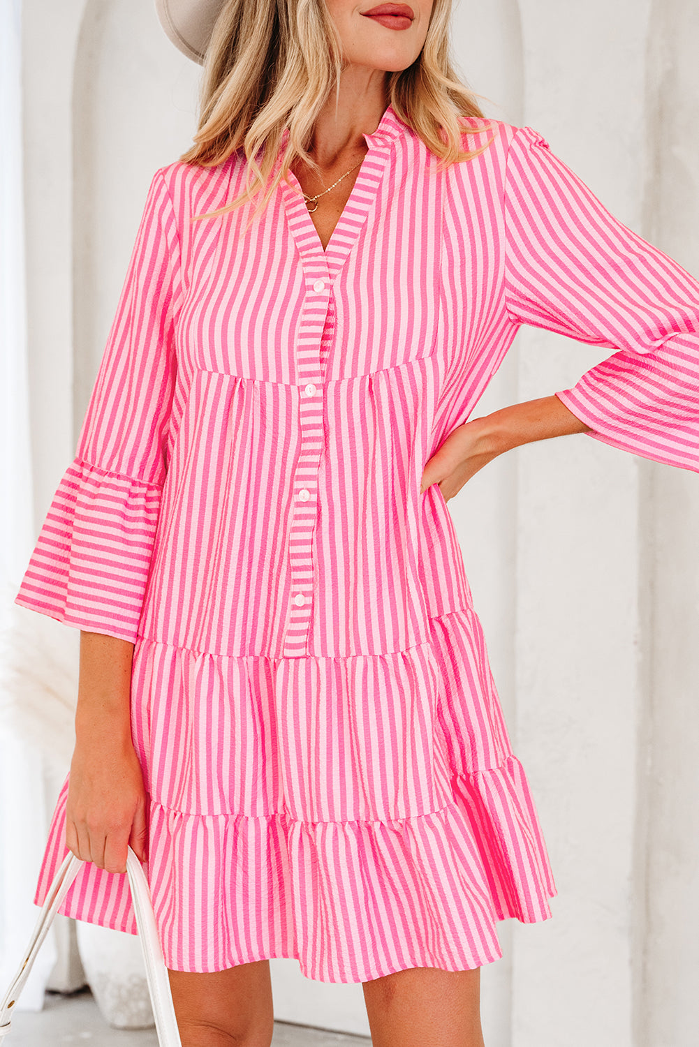 Pink Stripe Flare Sleeve Half Placket Tiered Flowy Mini Dress-TOPS / DRESSES-[Adult]-[Female]-2022 Online Blue Zone Planet