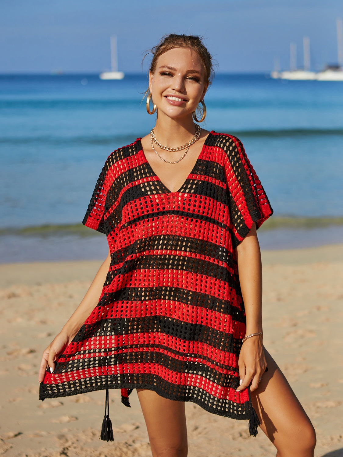 Blue Zone Planet | Tassel Openwork Striped V-Neck Cover Up-TOPS / DRESSES-[Adult]-[Female]-2022 Online Blue Zone Planet