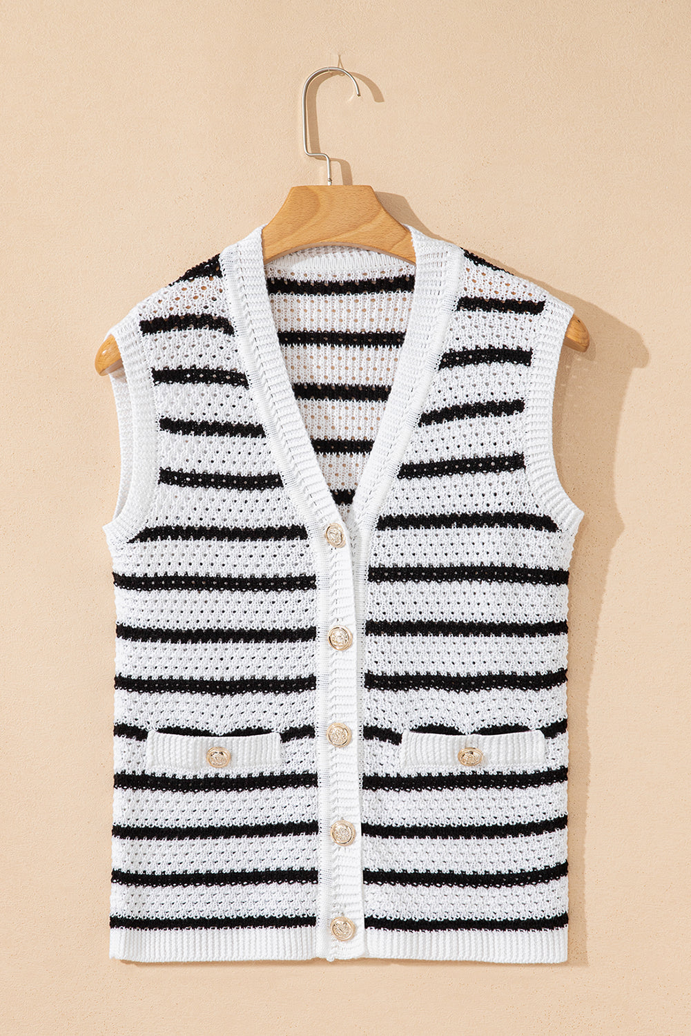 Sky Blue Stripe V Neck Gold Buttons Elegant Sweater Vest-TOPS / DRESSES-[Adult]-[Female]-2022 Online Blue Zone Planet