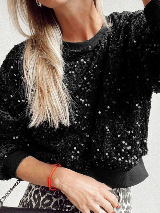 Sequin Round Neck Long Sleeve Blouse-TOPS / DRESSES-[Adult]-[Female]-Black-S-2022 Online Blue Zone Planet