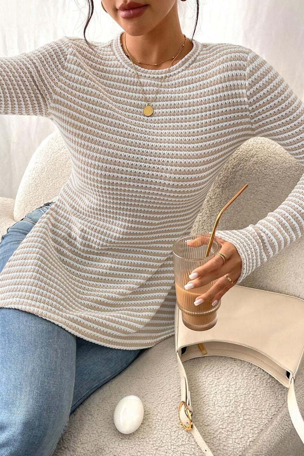Jet Stream Striped Knit Side Slit Slim Round Neck Tunic Top-Tops/Long Sleeve Tops-[Adult]-[Female]-2022 Online Blue Zone Planet