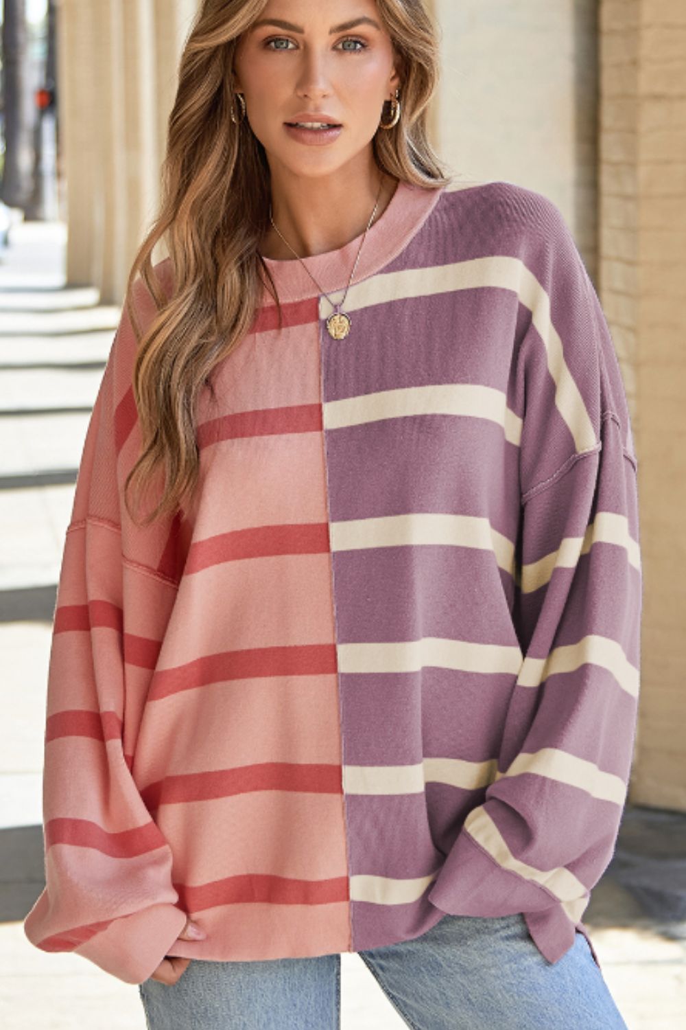 Contrast Striped Long Sleeve Sweatshirt-TOPS / DRESSES-[Adult]-[Female]-2022 Online Blue Zone Planet