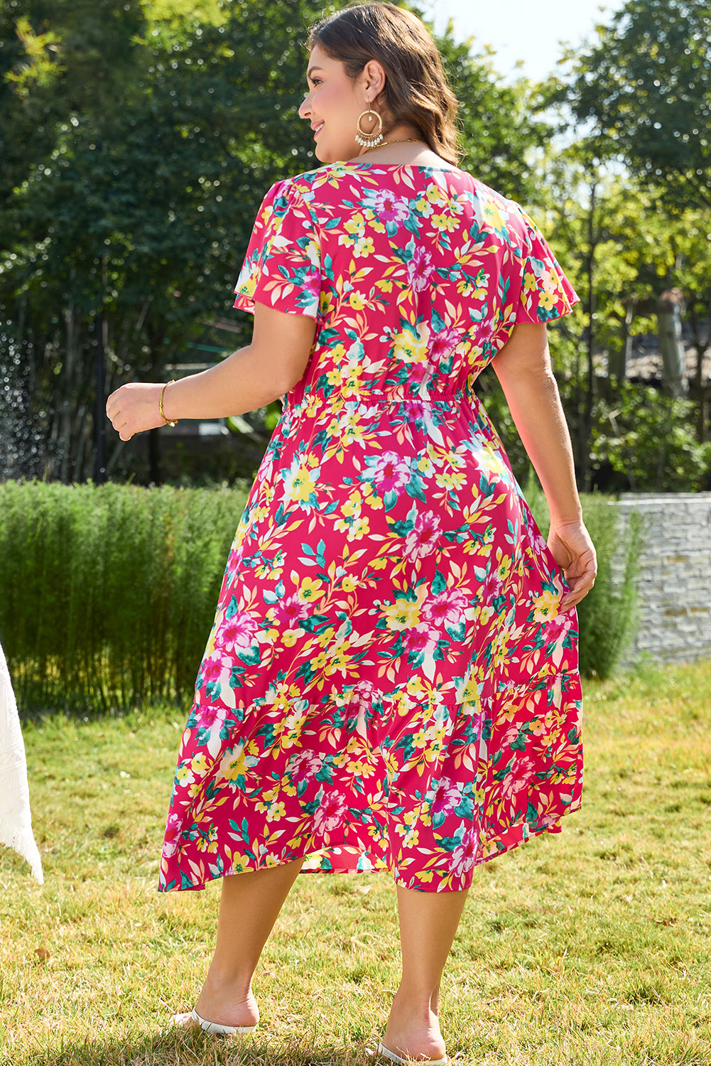 Pink Floral Print V Neck Pocketed High Waist Plus Size Midi Dress-Plus Size/Plus Size Dresses/Plus Size Midi Dresses-[Adult]-[Female]-2022 Online Blue Zone Planet