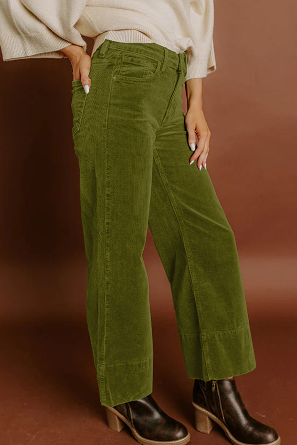 Vineyard Green Corduroy Solid Color High Waist Wide Leg Pants-Bottoms/Pants & Culotte-[Adult]-[Female]-Vineyard Green-S-2022 Online Blue Zone Planet