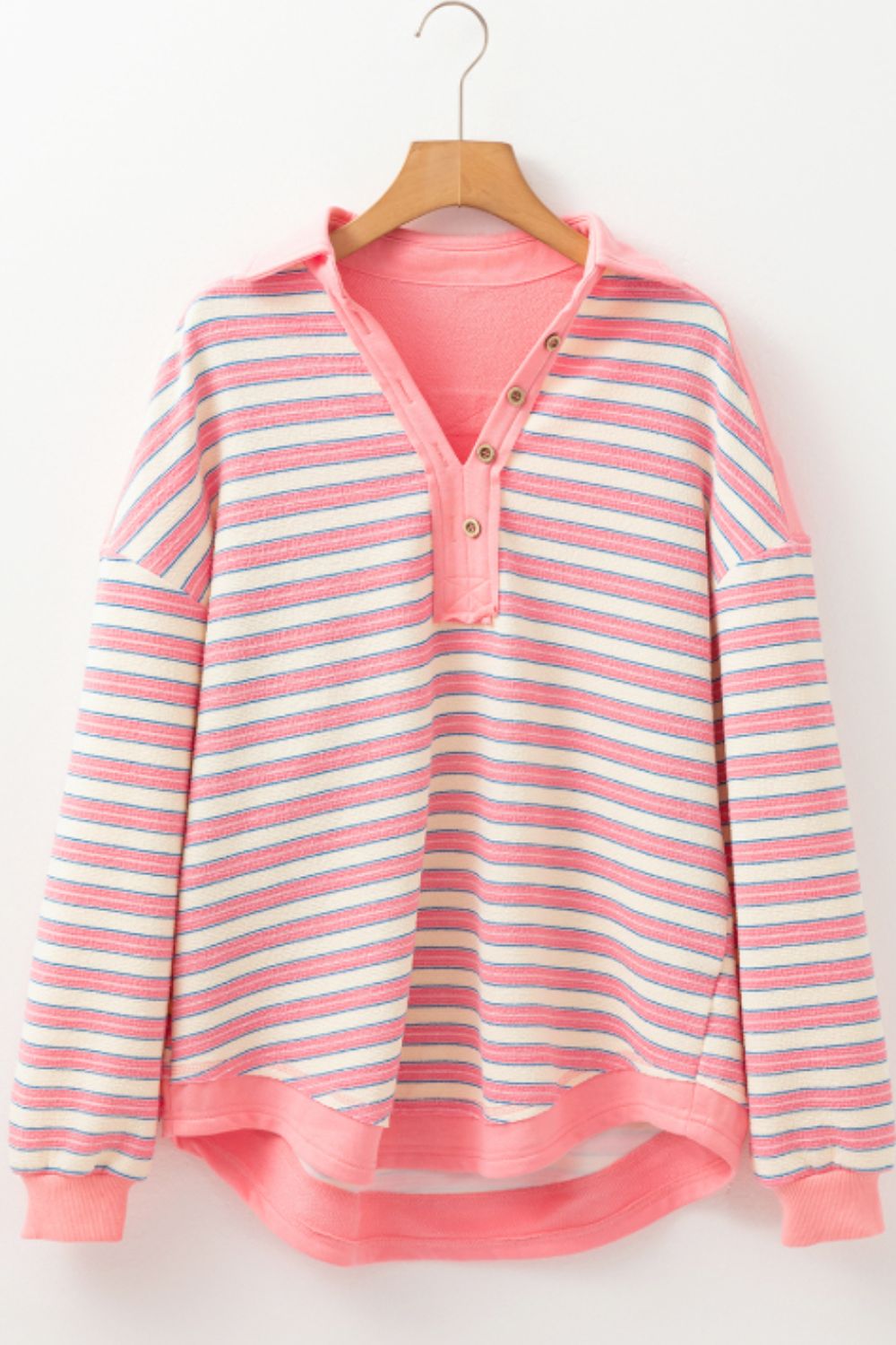 Striped Johnny Collar Long Sleeve Sweatshirt-TOPS / DRESSES-[Adult]-[Female]-2022 Online Blue Zone Planet