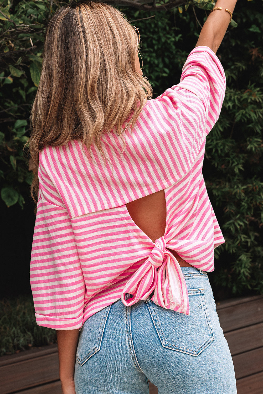 Pink Stripe Bowknot Cutout Back Drop Shoulder Wide Bracelet Sleeve Loose Tee-Tops/Tops & Tees-[Adult]-[Female]-2022 Online Blue Zone Planet