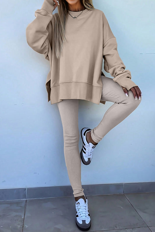 Jet Stream Solid Color Oversize Slit Sweatshirt Ribbed Leggings 2pcs Set-Two Piece Sets/Pant Sets-[Adult]-[Female]-2022 Online Blue Zone Planet