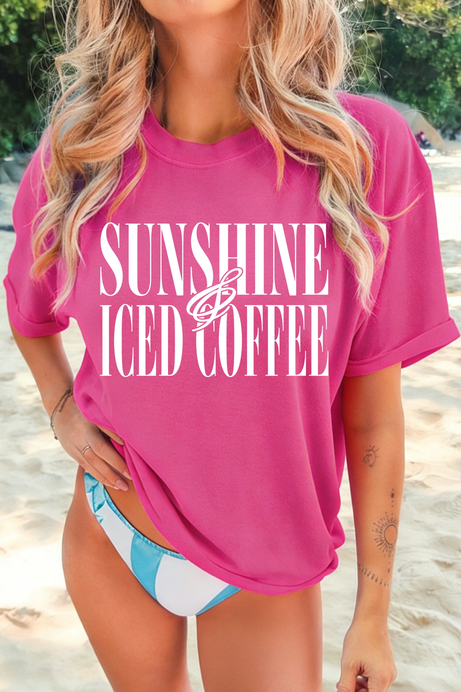 Rose Red Sunshine Iced Coffee Casual Summer T Shirt-Graphic/Graphic Tees-[Adult]-[Female]-Rose Red-S-2022 Online Blue Zone Planet