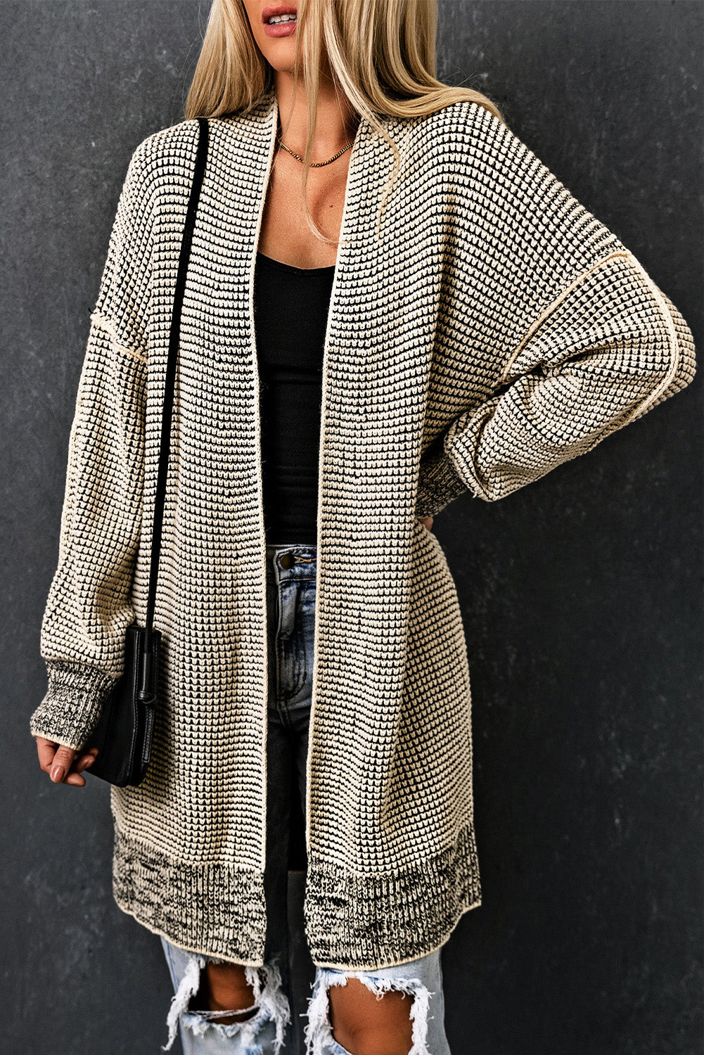 Gray Plaid Knitted Long Open Front Cardigan-Sweaters & Cardigans/Cardigans-[Adult]-[Female]-2022 Online Blue Zone Planet