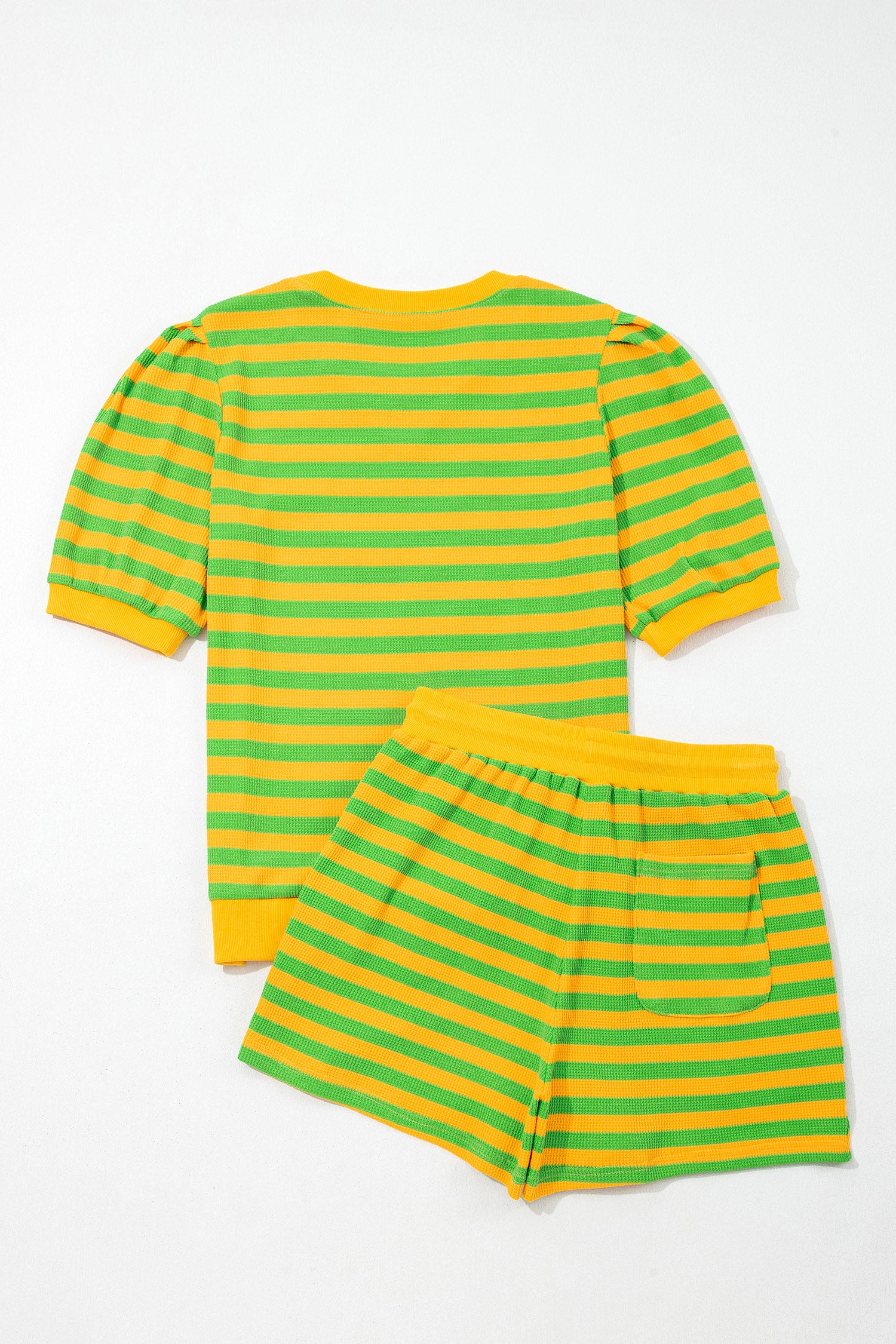 Yellow Stripe Puff Short Sleeve T Shirt Matching Shorts Set-Two Piece Sets/Short Sets-[Adult]-[Female]-2022 Online Blue Zone Planet