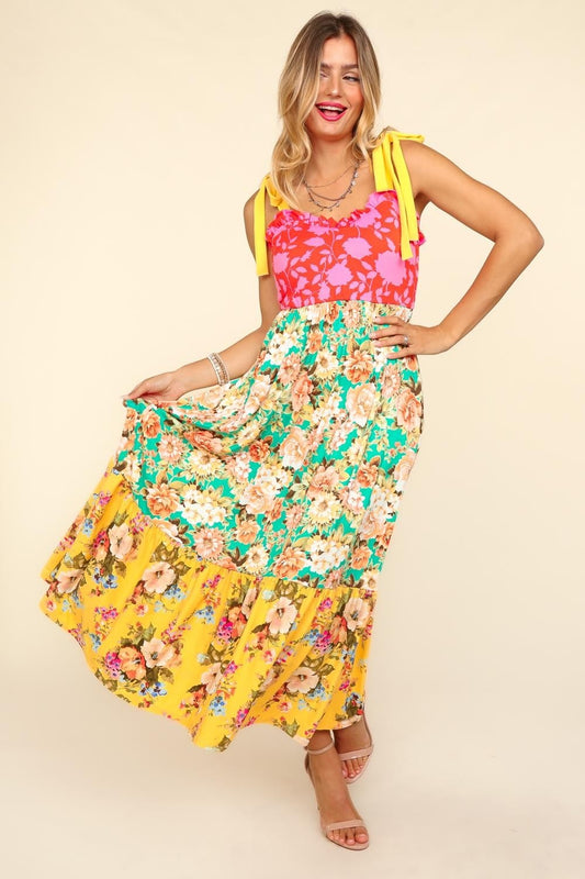 Haptics Floral Color Block Maxi Dress with Pockets-TOPS / DRESSES-[Adult]-[Female]-Yellow/Scarlet/Mint/Yellow-S-2022 Online Blue Zone Planet