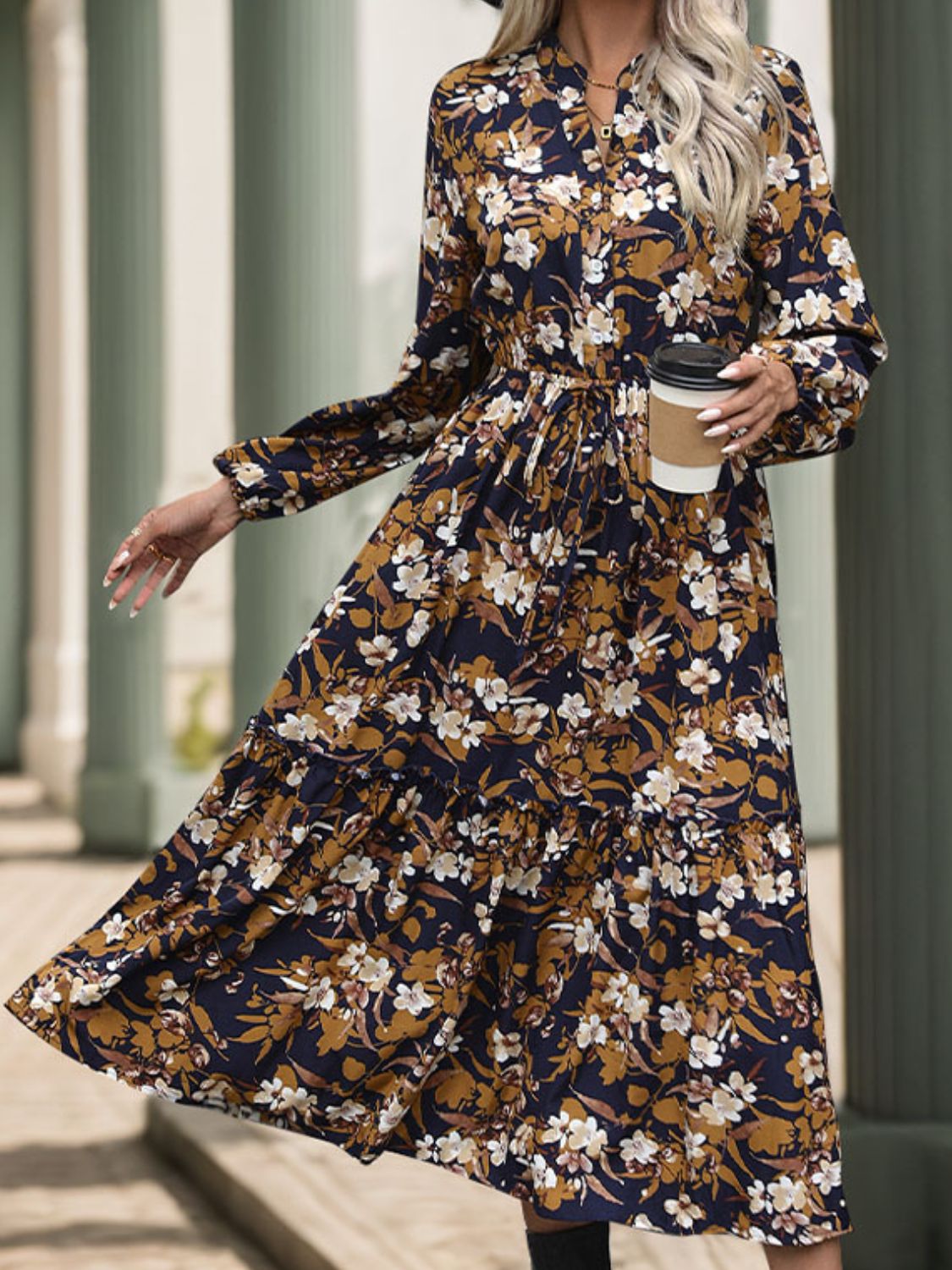 Blue Zone Planet | Perfee Printed Notched Long Sleeve Midi Dress-TOPS / DRESSES-[Adult]-[Female]-Camel-S-2022 Online Blue Zone Planet