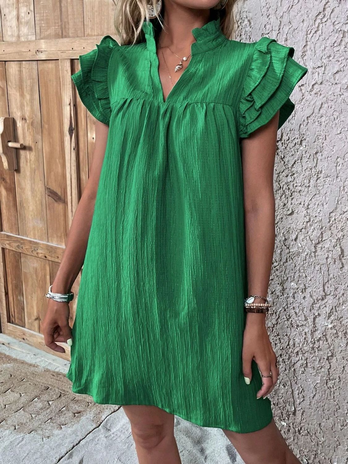 Ruffled Notched Cap Sleeve Mini Dress-TOPS / DRESSES-[Adult]-[Female]-Green-S-2022 Online Blue Zone Planet