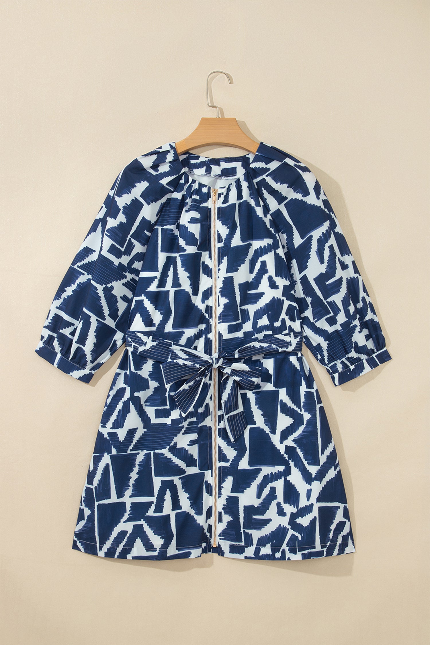 Blue Abstract Geometric Print Zip Front Tie Waist Shift Dress-TOPS / DRESSES-[Adult]-[Female]-2022 Online Blue Zone Planet