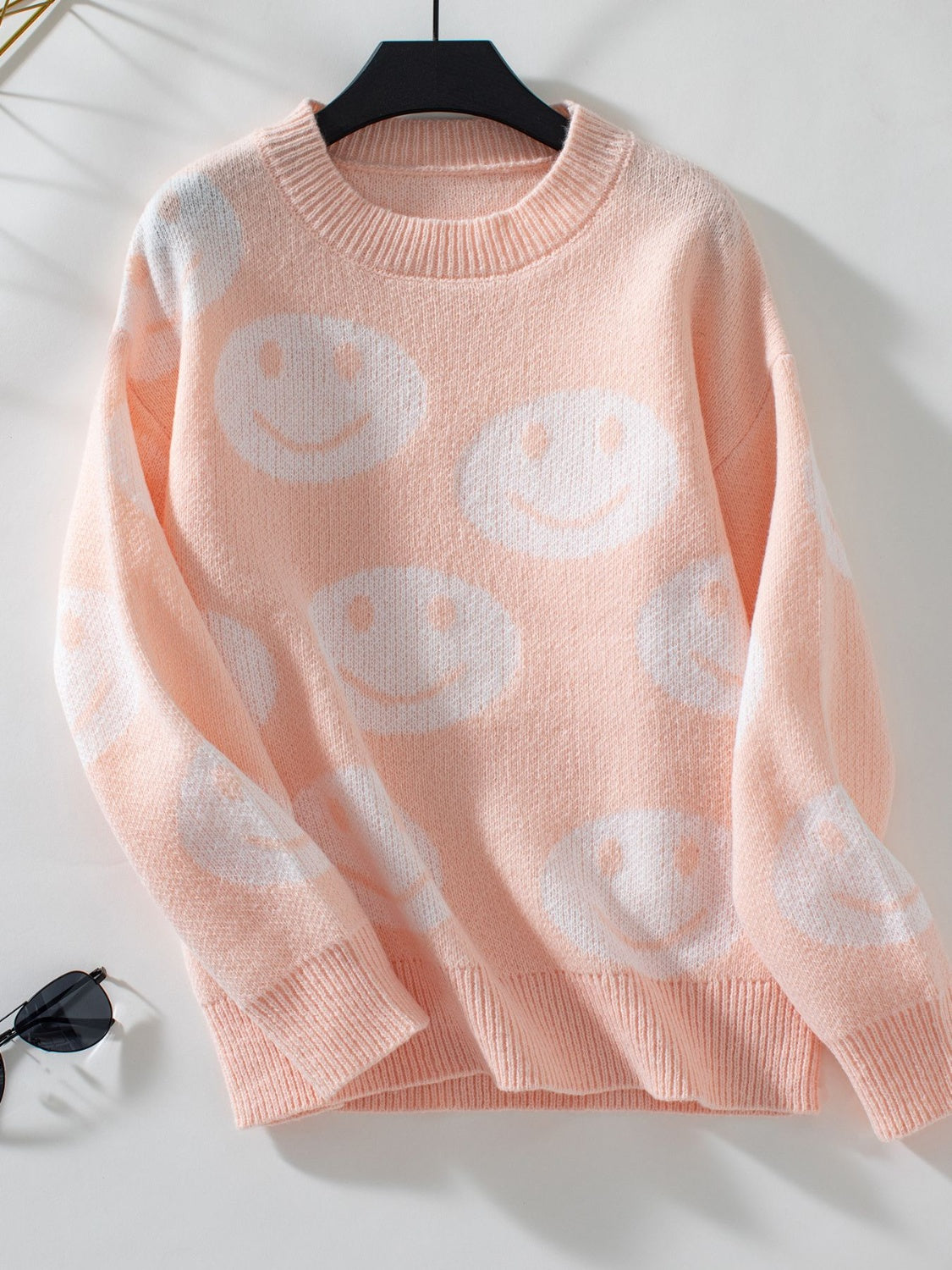 Smile Pattern Round Neck Long Sleeve Sweater-TOPS / DRESSES-[Adult]-[Female]-Watermelon pink-S-2022 Online Blue Zone Planet