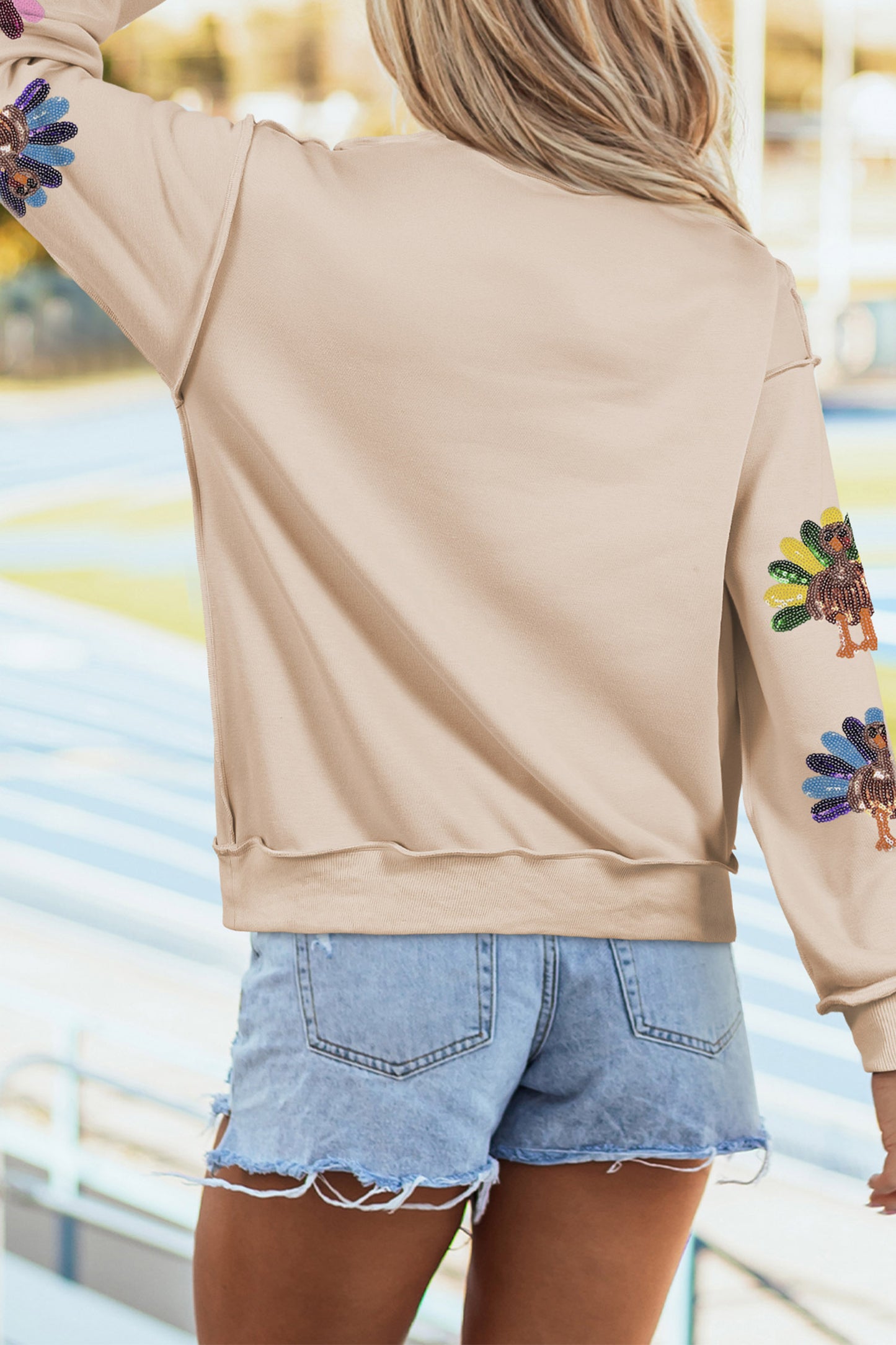 Apricot Sequined Turkey Exposed Seam Thanksgiving Graphic Sweatshirt