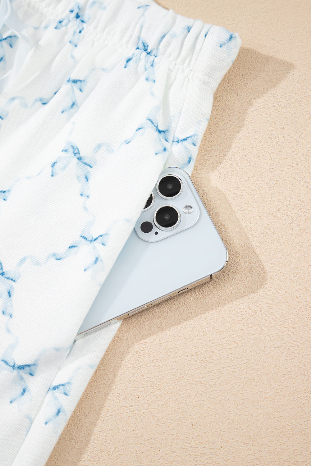 Sky Blue Bow Knot Geometric Print Lettuce Trim Two Piece Lounge Set-Loungewear & Sleepwear/Loungewear-[Adult]-[Female]-2022 Online Blue Zone Planet