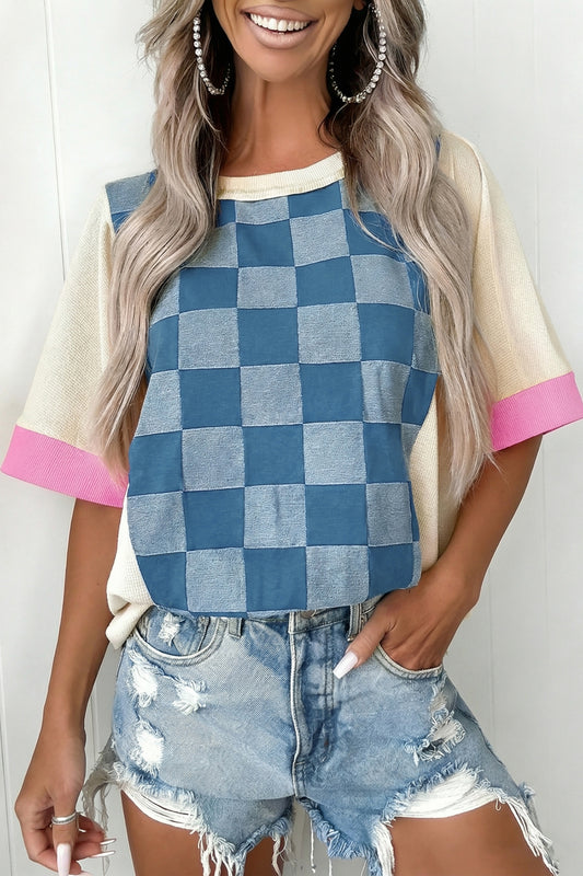 Dusk Blue Checkered Denim Patchwork Short Sleeve Loose Top-Tops/Tops & Tees-[Adult]-[Female]-Dusk Blue-S-2022 Online Blue Zone Planet
