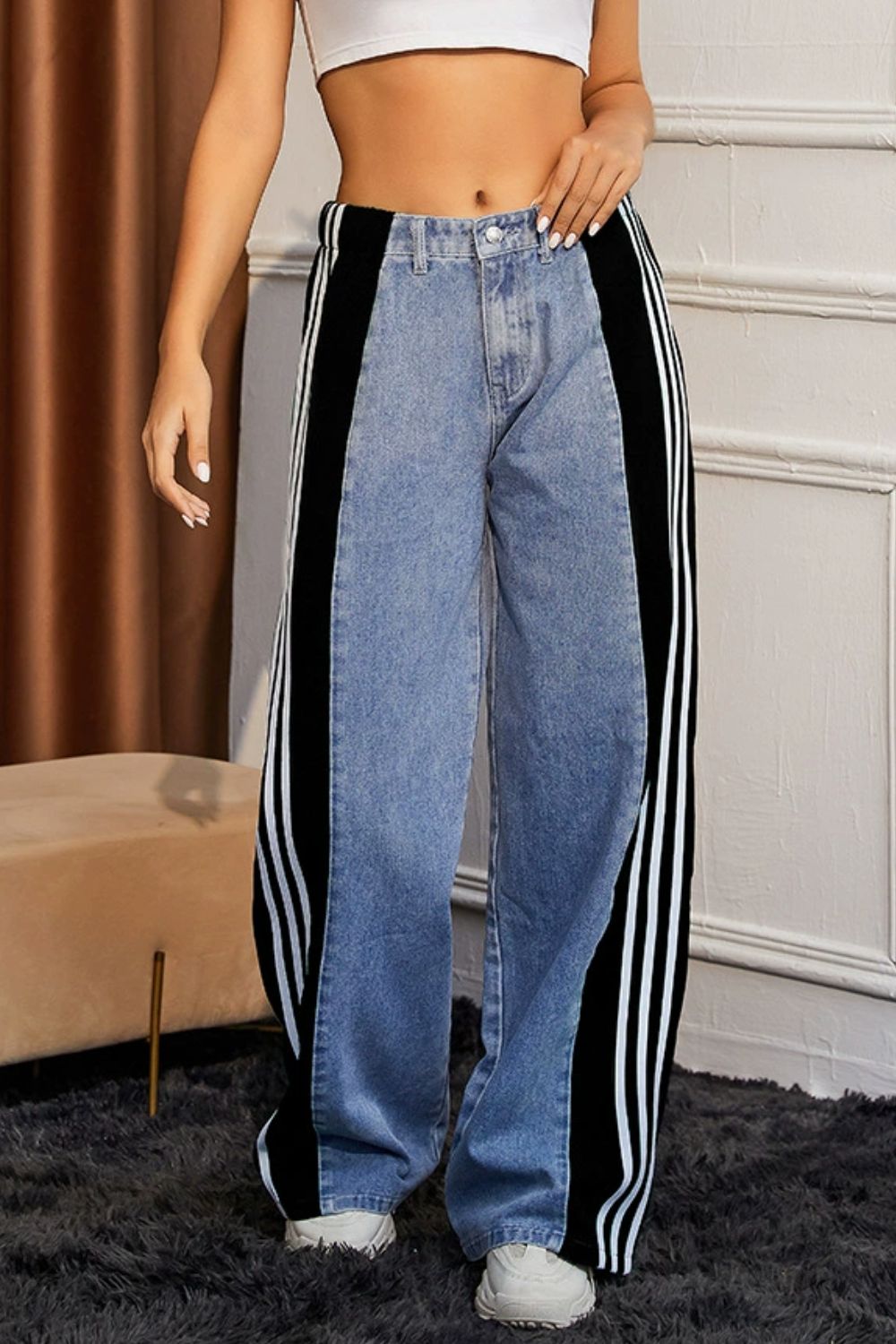 Contrast Side Striped Wide Leg Jeans-BOTTOMS SIZES SMALL MEDIUM LARGE-[Adult]-[Female]-2022 Online Blue Zone Planet