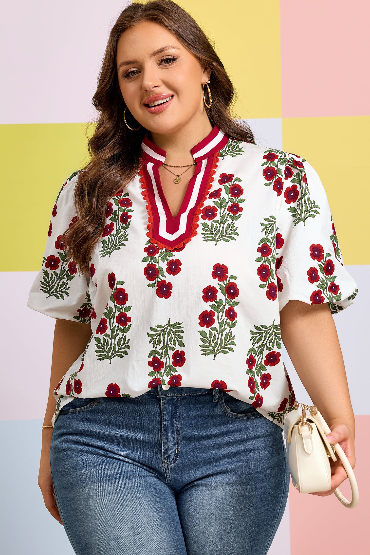 Black Plus Size Floral Print Ricrac Striped Trim Short Sleeve Cotton Blouse-Plus Size/Plus Size Tops/Plus Size Blouses & Shirts-[Adult]-[Female]-2022 Online Blue Zone Planet