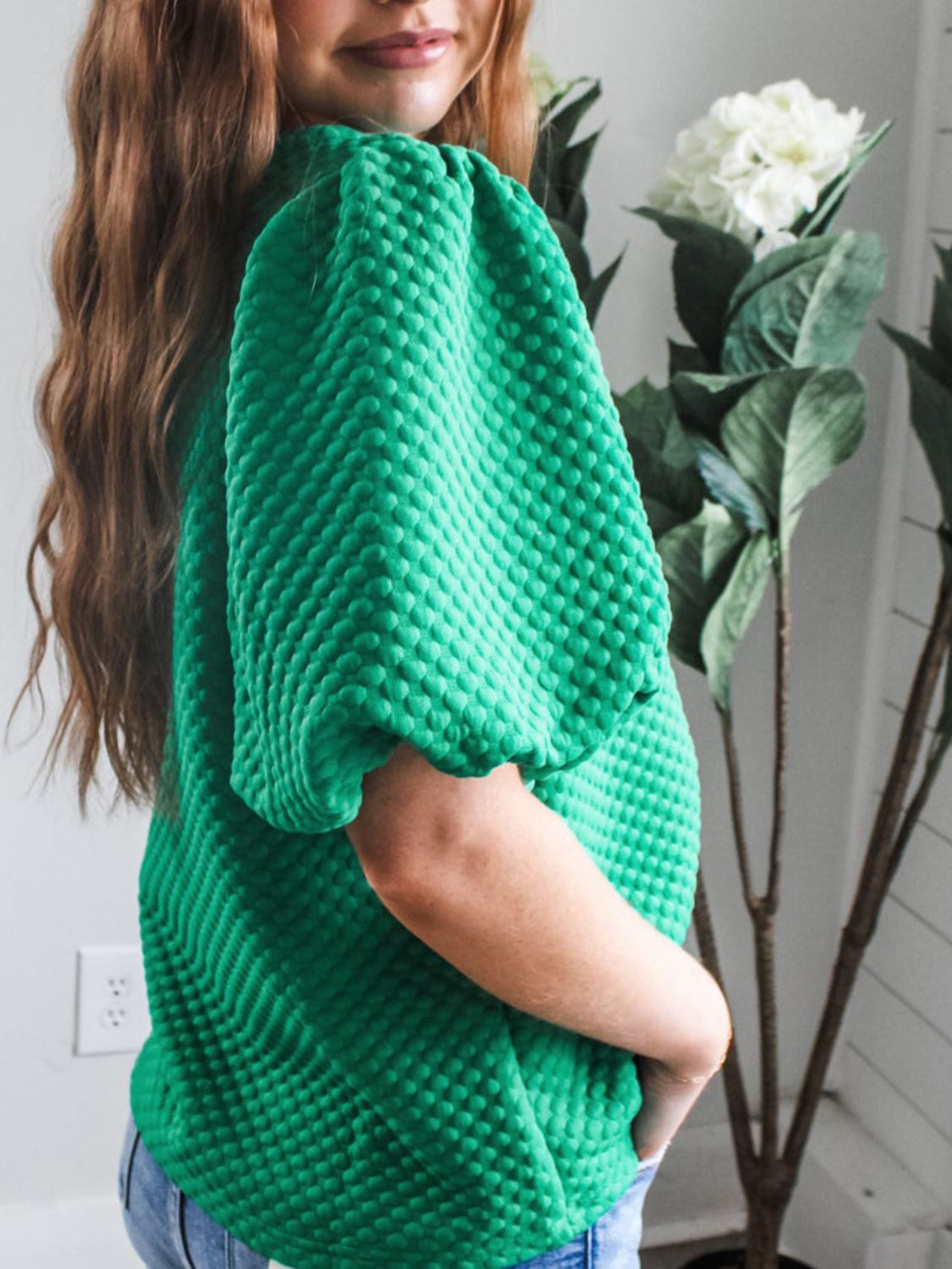Texture Round Neck Puff Sleeve Blouse-TOPS / DRESSES-[Adult]-[Female]-2022 Online Blue Zone Planet
