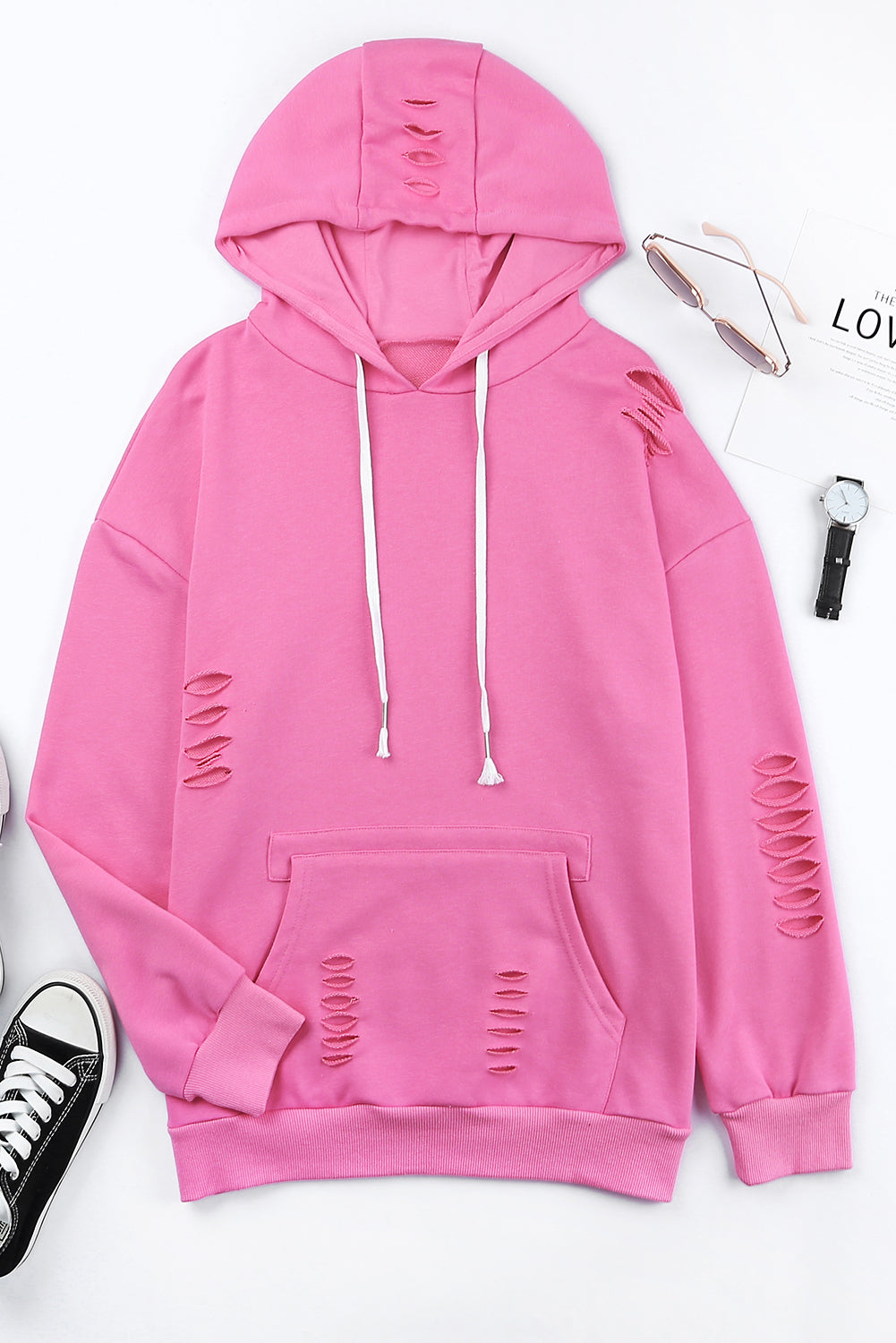 Pink Solid Ripped Hooded Sweatshirt with Kangaroo Pocket-Tops/Sweatshirts & Hoodies-[Adult]-[Female]-2022 Online Blue Zone Planet