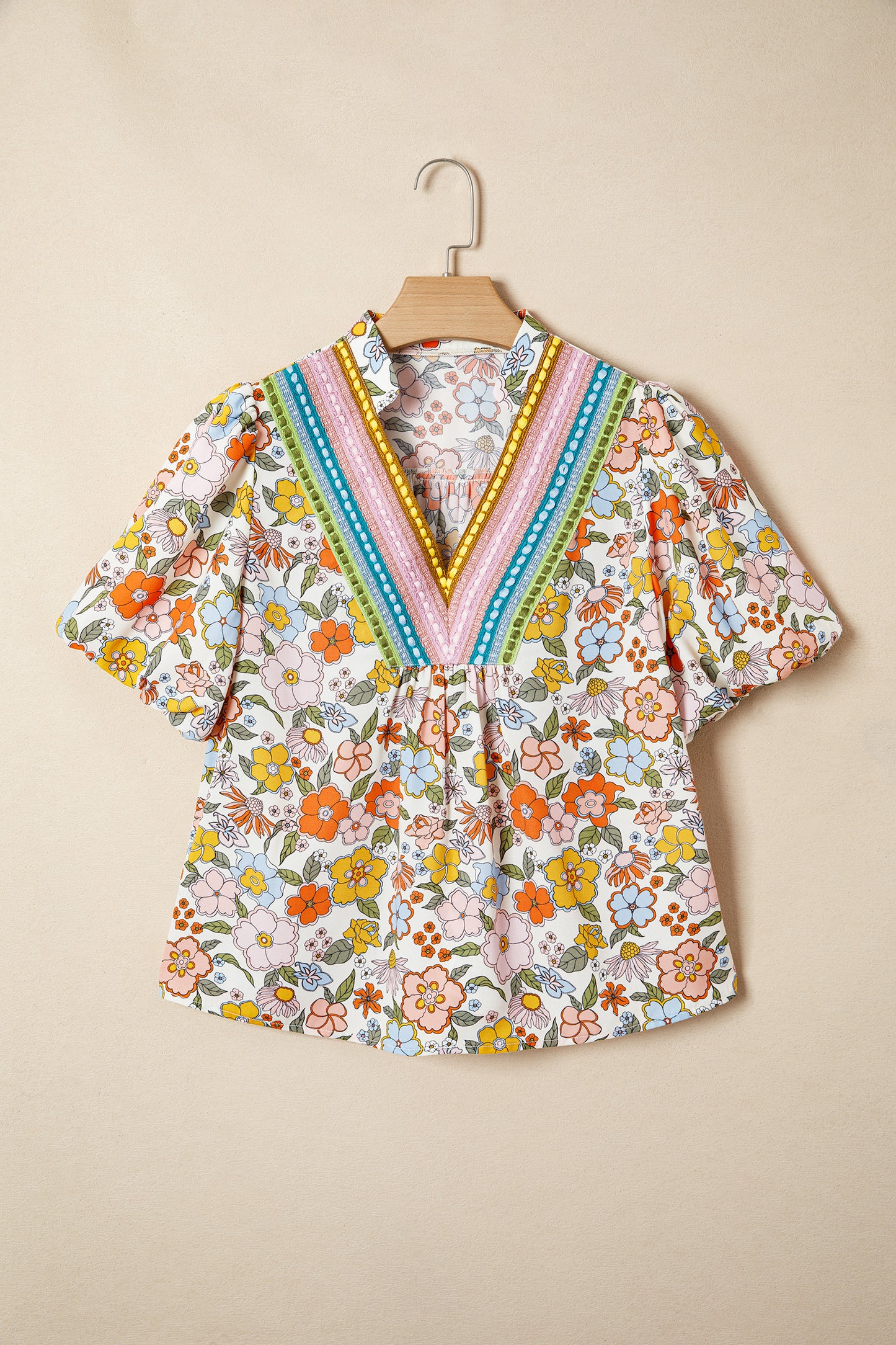 Multicolour Crochet V Neckline Puff Sleeve Boho Flower Blouse-Tops/Blouses & Shirts-[Adult]-[Female]-2022 Online Blue Zone Planet