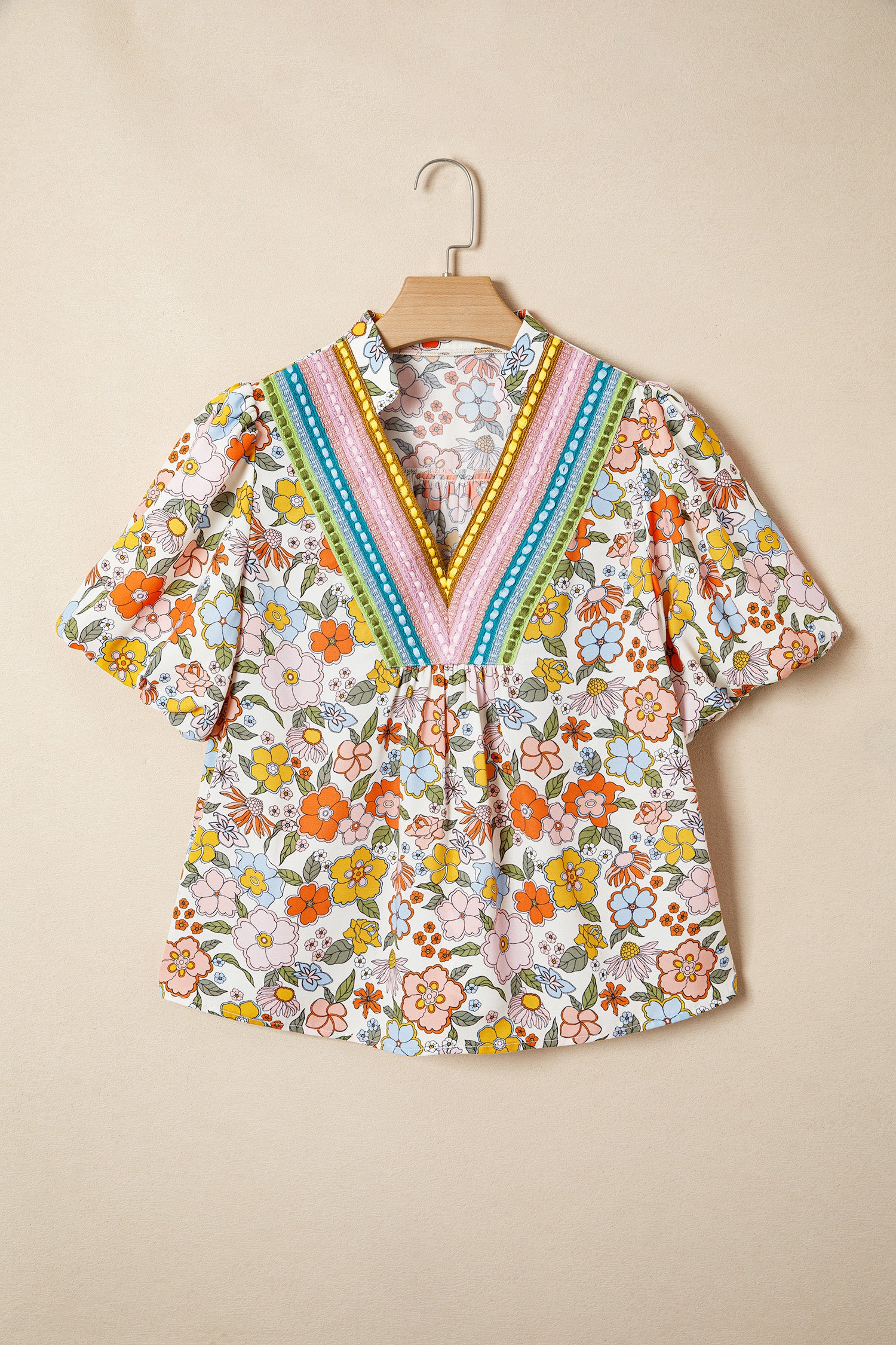 Multicolour Crochet V Neckline Puff Sleeve Boho Flower Blouse-Tops/Blouses & Shirts-[Adult]-[Female]-2022 Online Blue Zone Planet
